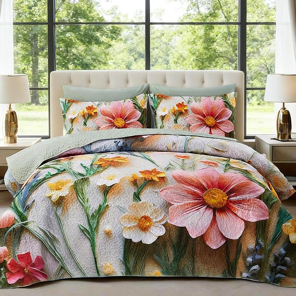 SANOCAY Boho Floral Quilt Set King Size, 3 Piece Lightweight Summer Bedding Set with 2 Pillow Shams, Soft Reversible Microfiber Bedspread, Farmhouse Coverlet for All Season (Right Pink Flower, King)