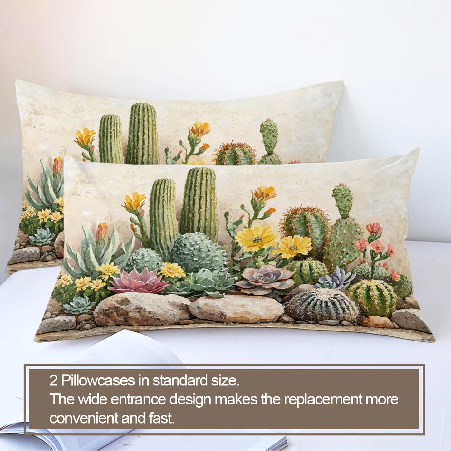 PAISUOQ Plant Bedding, Desert Cactus Duvet Cover Full, Plant Floral Comforter Cover with Zipper Ties, 3 Pieces with 2 Pillowcases, Home Decor & Gifts