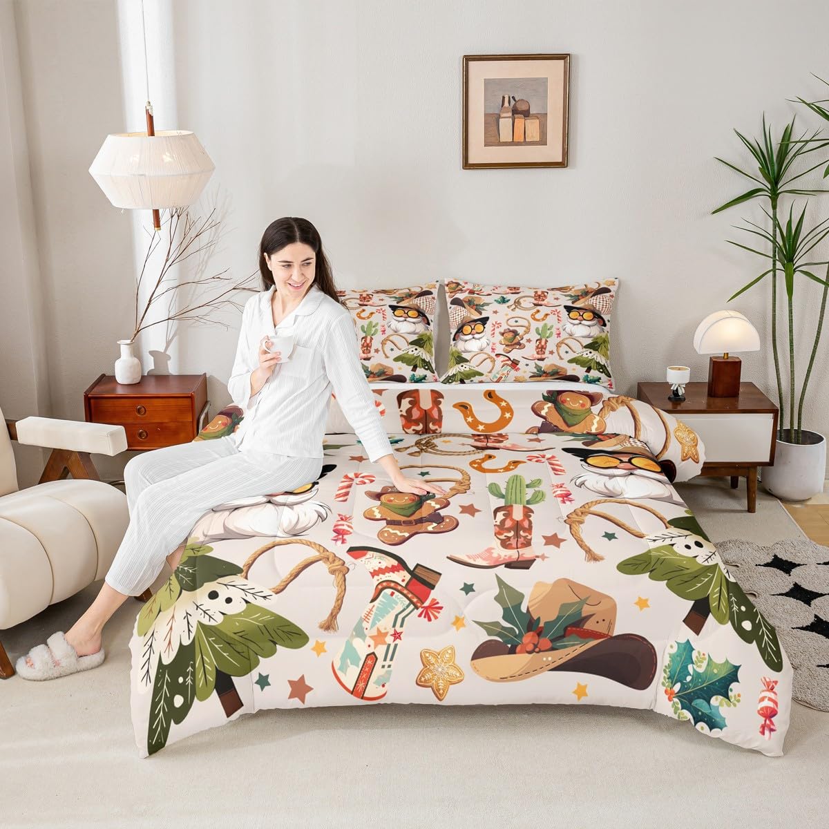 Feelyou Western Kids Comforter Set Full Size Merry Christmas Bedding Set Cowgirl Floral Duvet Quilt for Kids Boys Girls Bedroom Western Cowboy Boots Decor Wild West Cactus Flower Ultra Soft Breathable