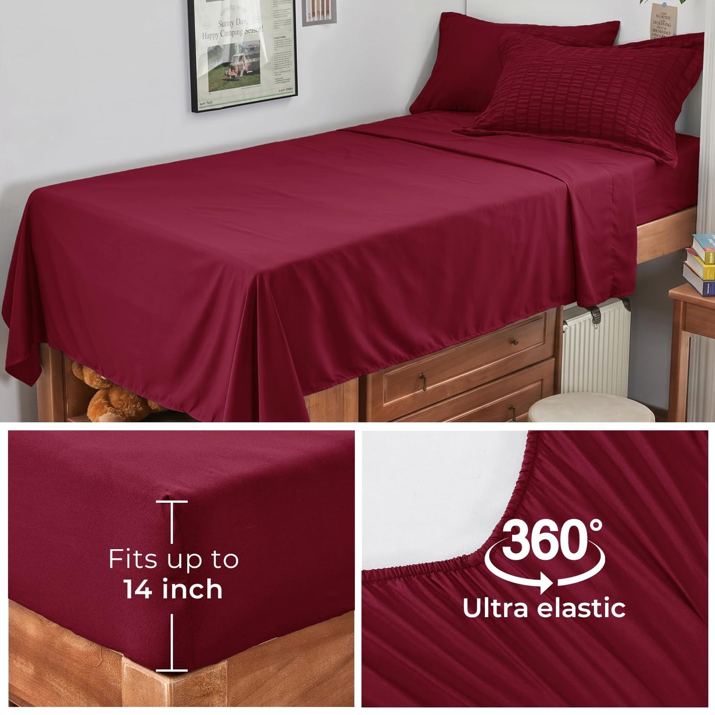 HYMOKEGE Burgundy Twin Comforter Set Seersucker 5 Pieces, All Season Luxury Bed in a Bag for Bedroom, Bedding Set with Comforters, Sheets, Pillowcase & Sham