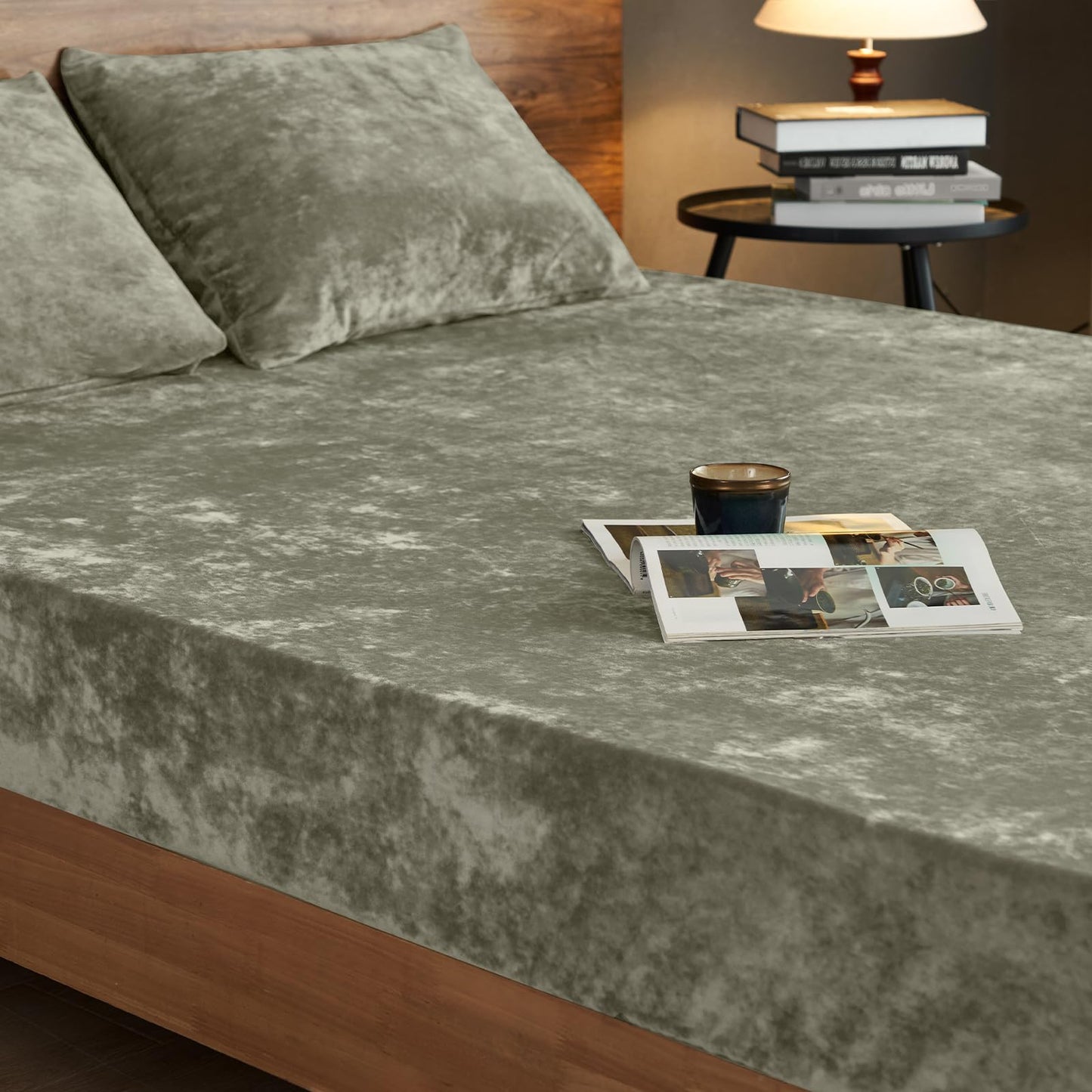 PHF Truly Velvet Fitted Sheet Only Queen Size, Luxury Super Soft Cozy Fuzzy Fleece Bottom Sheet, Deep Pocket Up to 16",Suitable for Fall Winter Spring, No Pillowcases, Smokey Olive