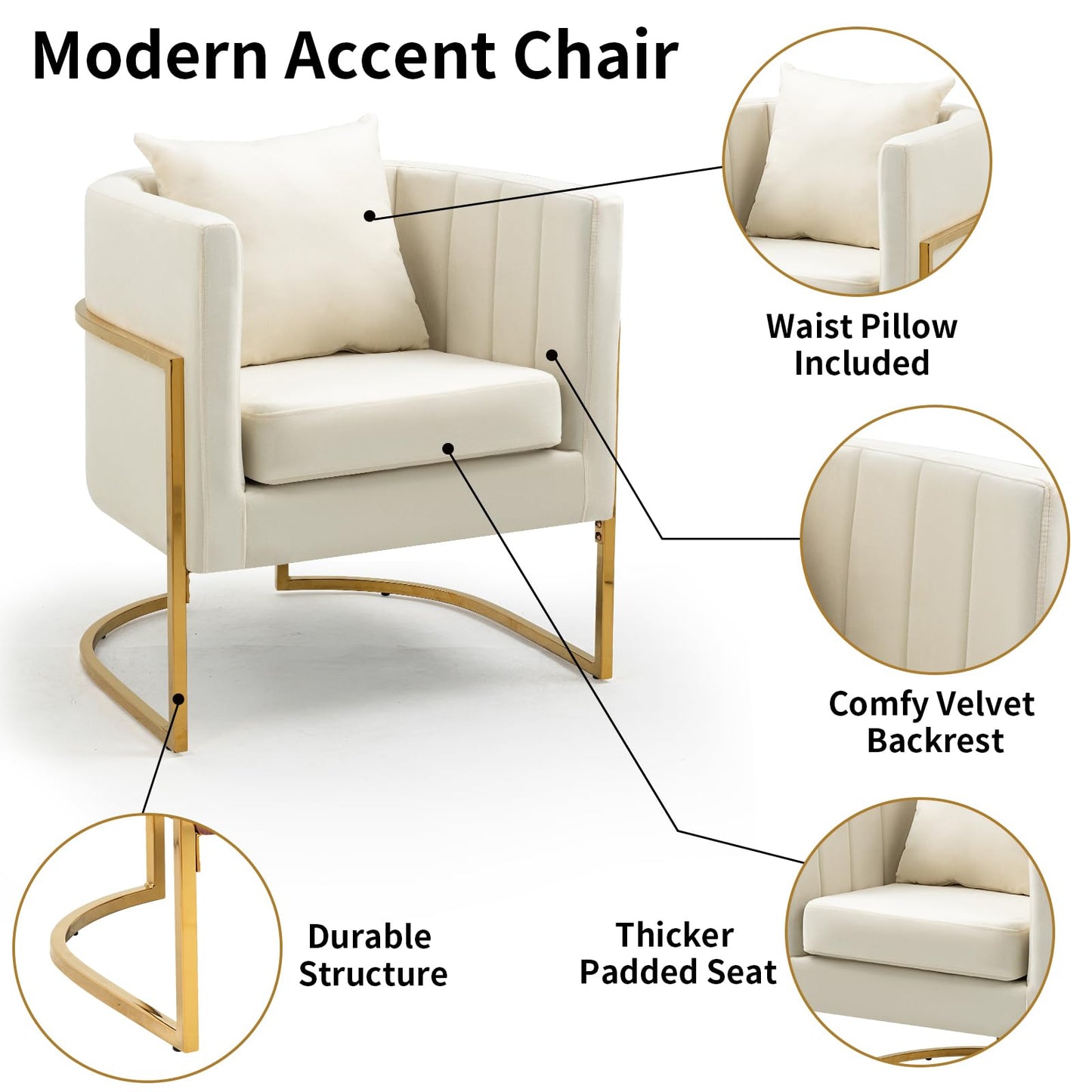 Newnno Velvet Accent Chairs Set of 2, Mid Century Modern Upholstered Barrel Armchair with Pillow for Living Room, Comfy Single Club Chair with Metal Gold Legs for Bedroom, White