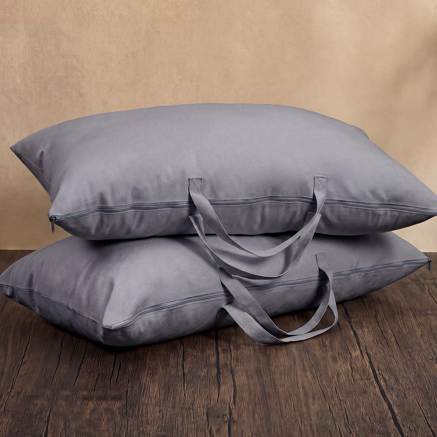 GliCraft 2 Pack 100% Cotton 20"x 36" Grey Canvas Travel Pillow Storage Bag with Handles for Home Travel Beddings Comforters Blankets Saree Linens Organizer Thick Soft Breathable Closet Bags