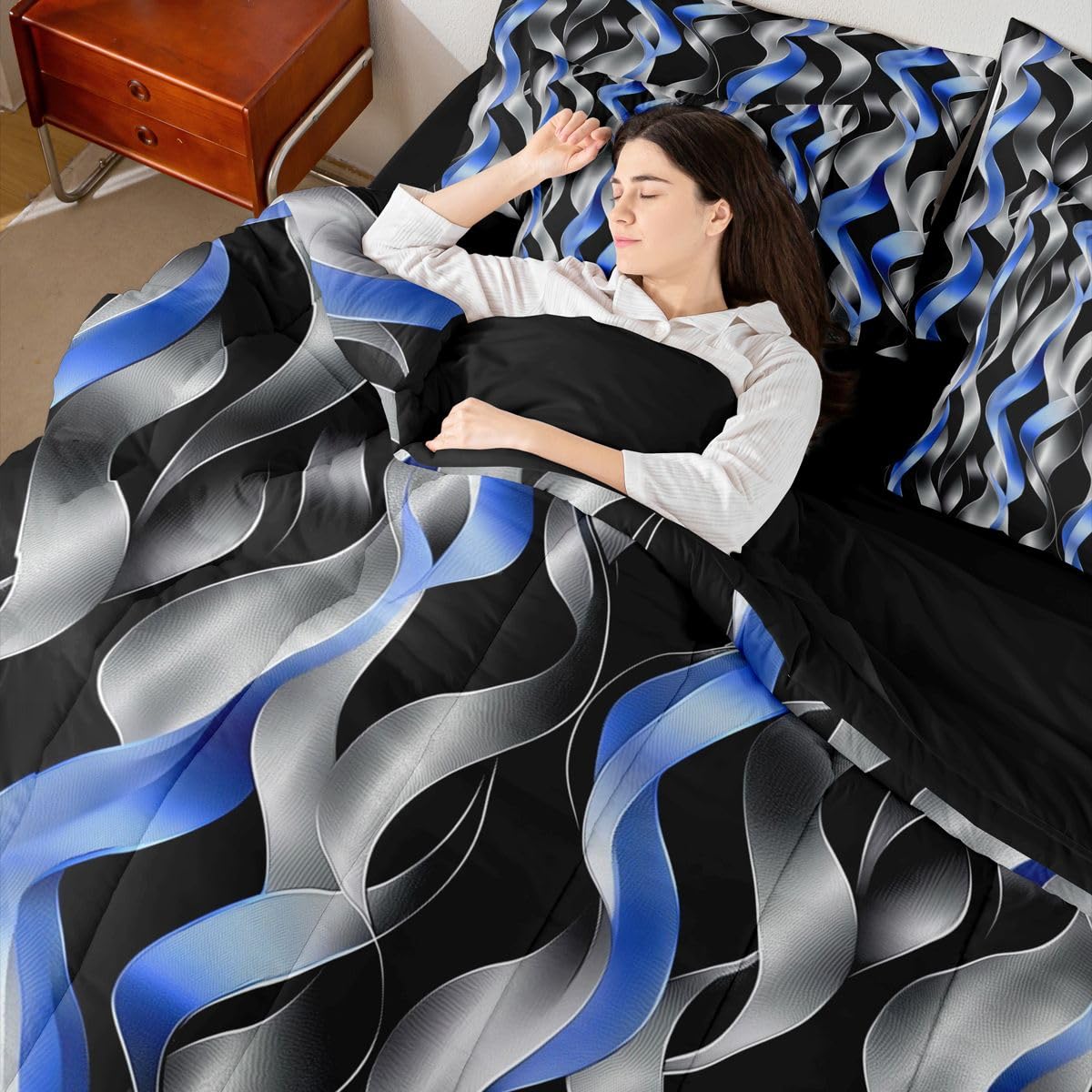 jejeloiu Modern Striped Full Comforter Set with Sheets for Kids Boys Girls Modern Abstract Geometric 7 Pieces Bedding Set Geometric Spiral Pattern Bed in a Bag Room Decor Microfiber