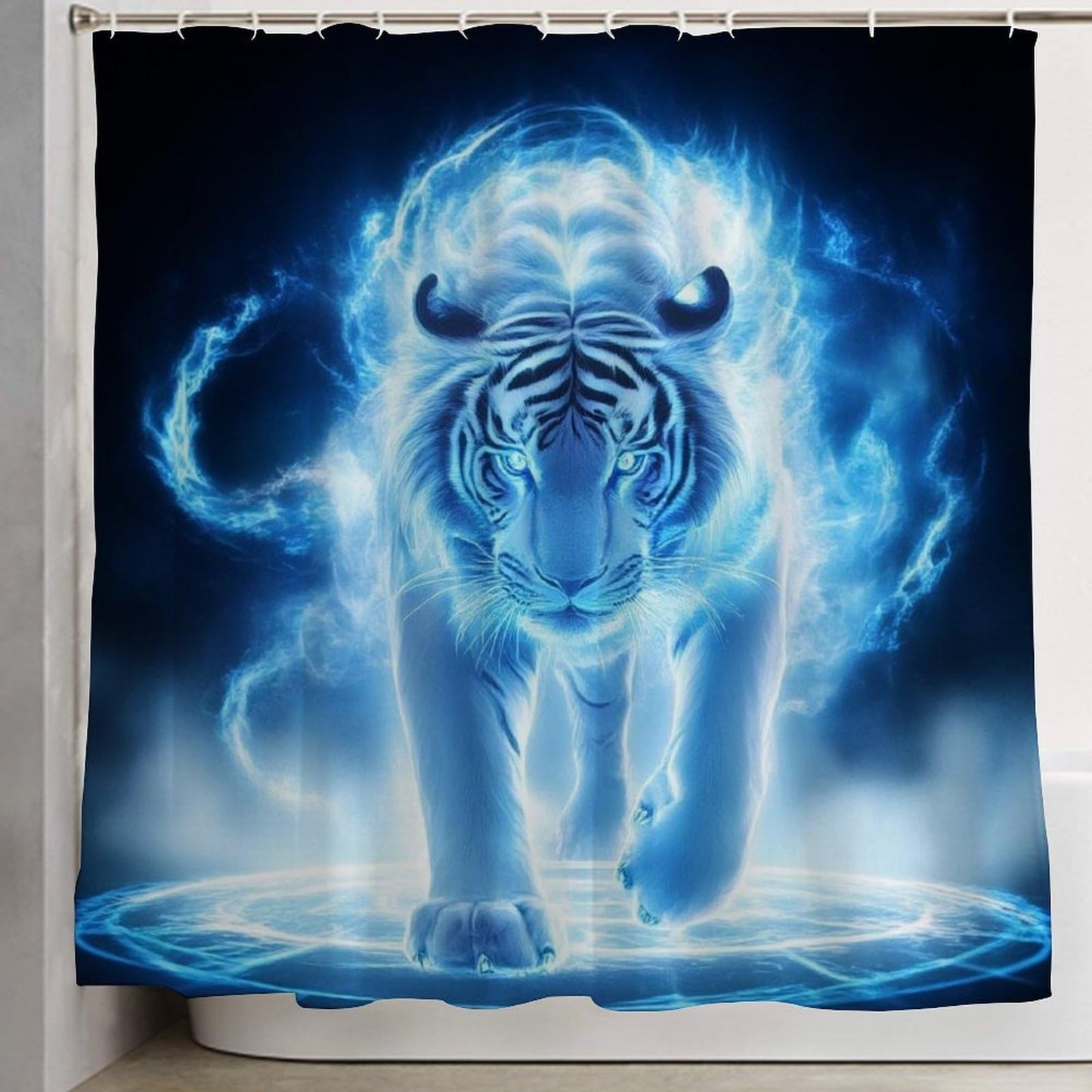 Fashion Hotel Bathroom Decorative Shower Curtain with Hooks, Blue Ice Fire Tiger Art Waterproof Lightweight Shower Curtain