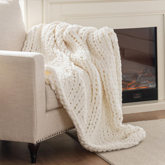 LAST MODA Chunky Knit Blanket Throw, 100% Hand Knit Throw Blanket Handmade Chenille Cable Knit Throw for Couch, Stylish Cozy Soft Rope Knot Crochet Blanket for Home Decor, Ivory, 50x60 Inches