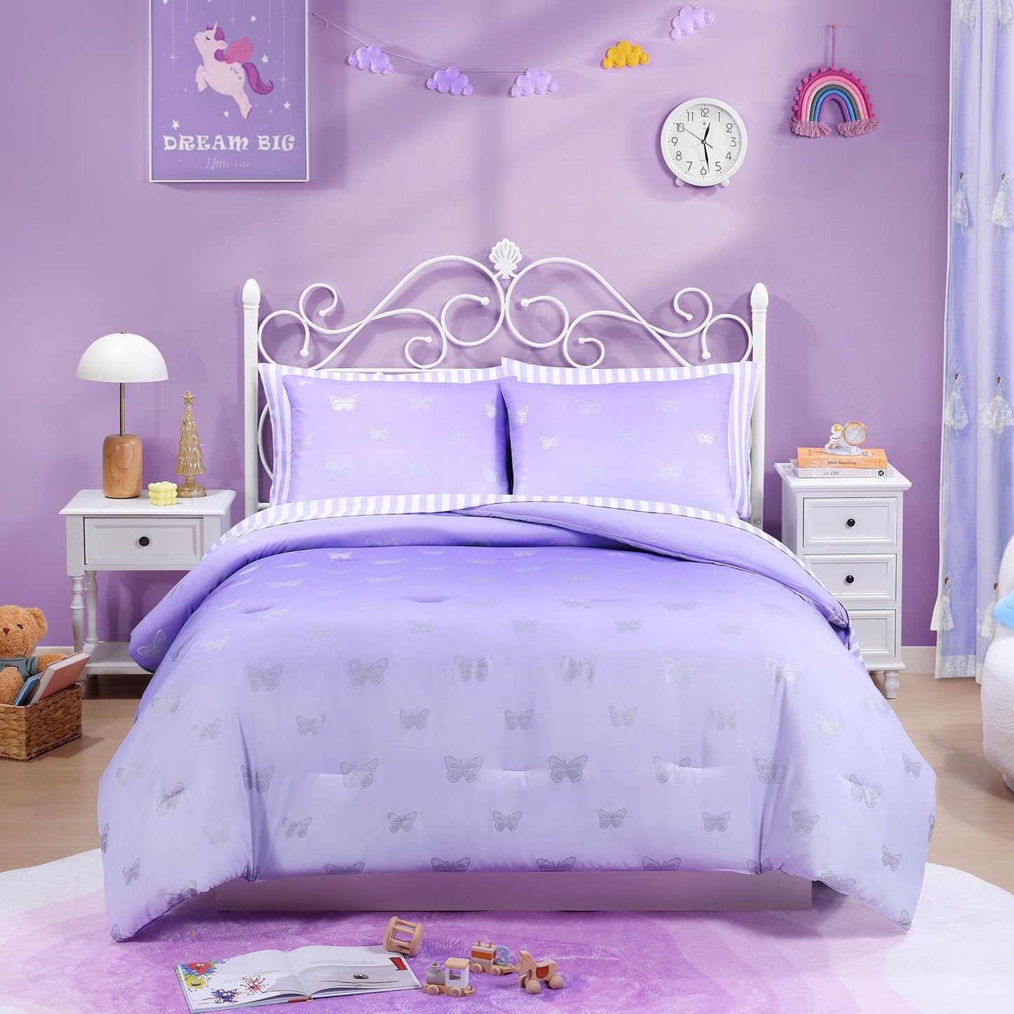 Wink Deer Twin Comforter Set with Sheets for Girls-5 Pieces Twin Bedding Sets with with Purple White Gradient Ombre Comforter, Sheets, Pillowcases & Shams for Kids (Silver Butterfly, 66" X 86")