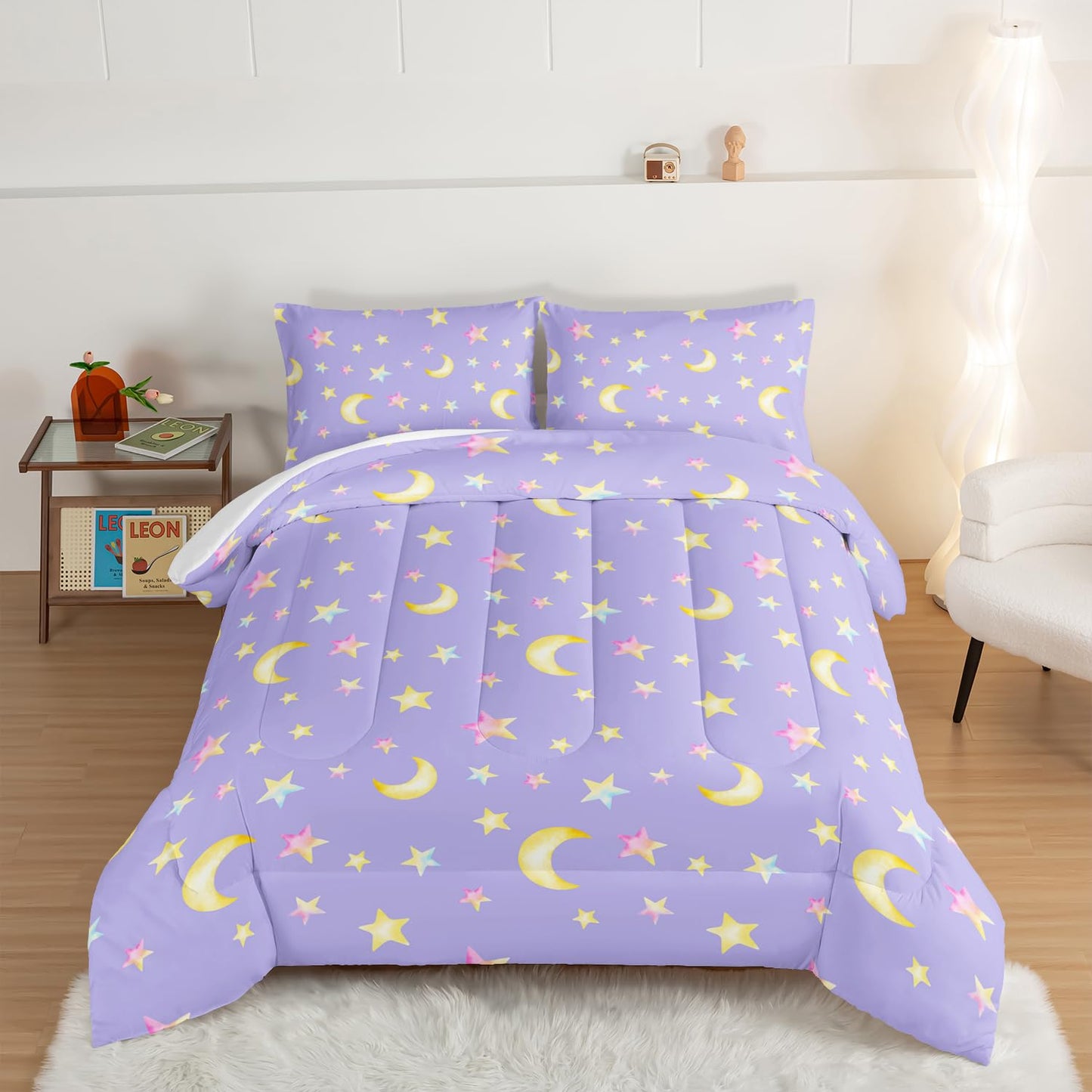 UEVBF Yellow Stars and Moon Comforter Set Queen Size,3 Piece Space Themed Girls Bedding for Kids Room Decor,Soft and Lightweight Bedding Comforter Sets with 2 Pillowcases.
