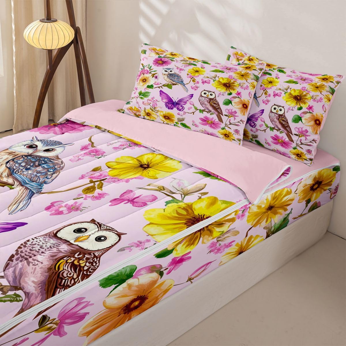 jejeloiu Owl Zipper Bedding Sets for Kids Boys Girls Yellow Floral Printed Twin Comforter Set with Fitted Sheet Purple Butterfly Bedroom Decor Spring Microfiber with 2 Pillow Cases