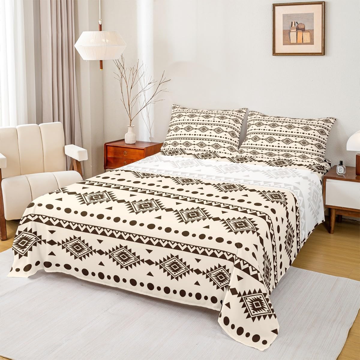 Erosebridal Western Aztec Bed Sheets Set Full Size, Bohemian Decor Flat Fitted Sheet for Boys Girls Women Men Bedroom, Exotic Tribal Bedding Set, Geometric Southwestern Farmhouse Bed Sets
