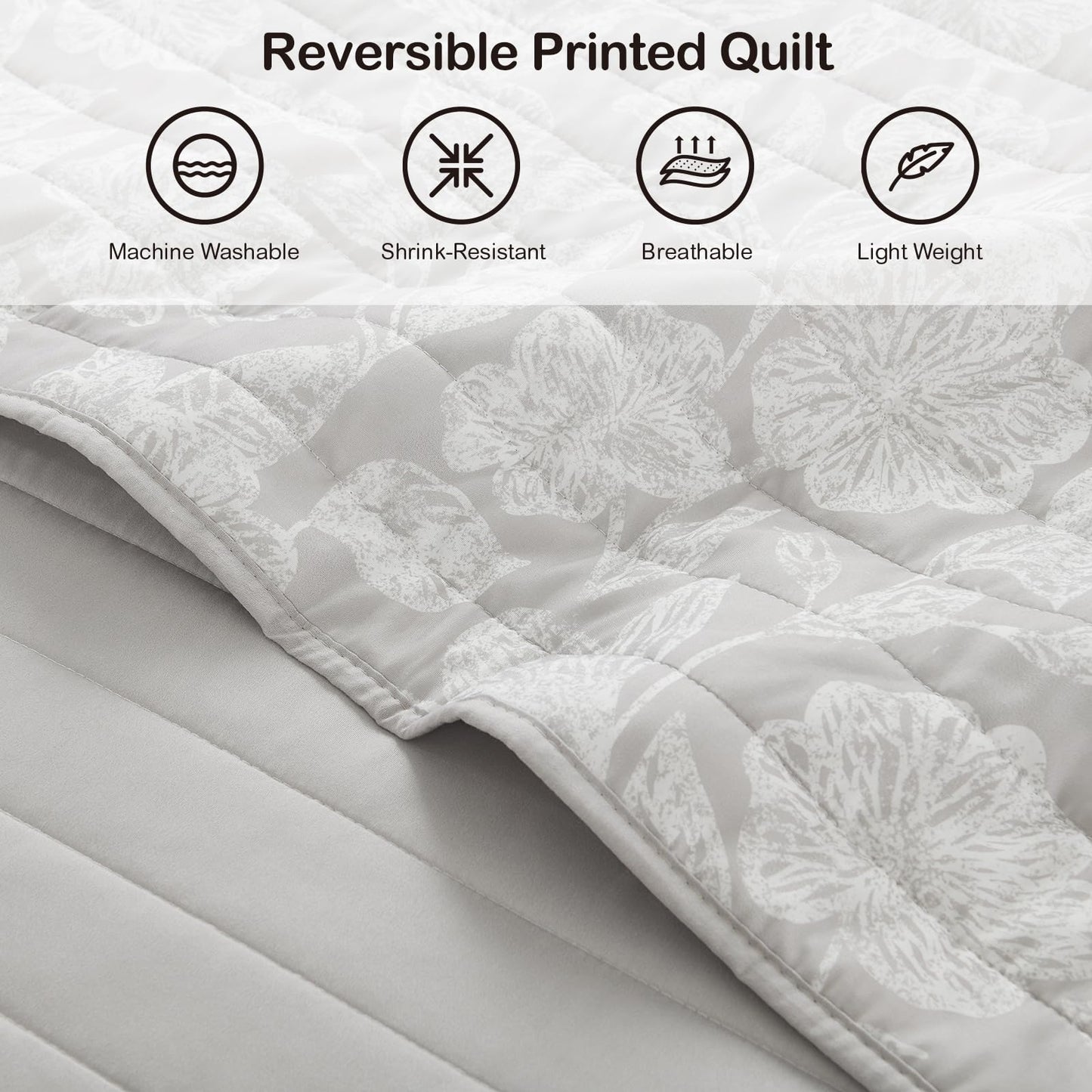HORIMOTE HOME Floral Quilt Set Queen Size 3 Pieces, Grey Flower Fine Printed Reversible Botanical Bedspreads Bedding Sets, Soft and Lightweight Bed Coverlet for All Season