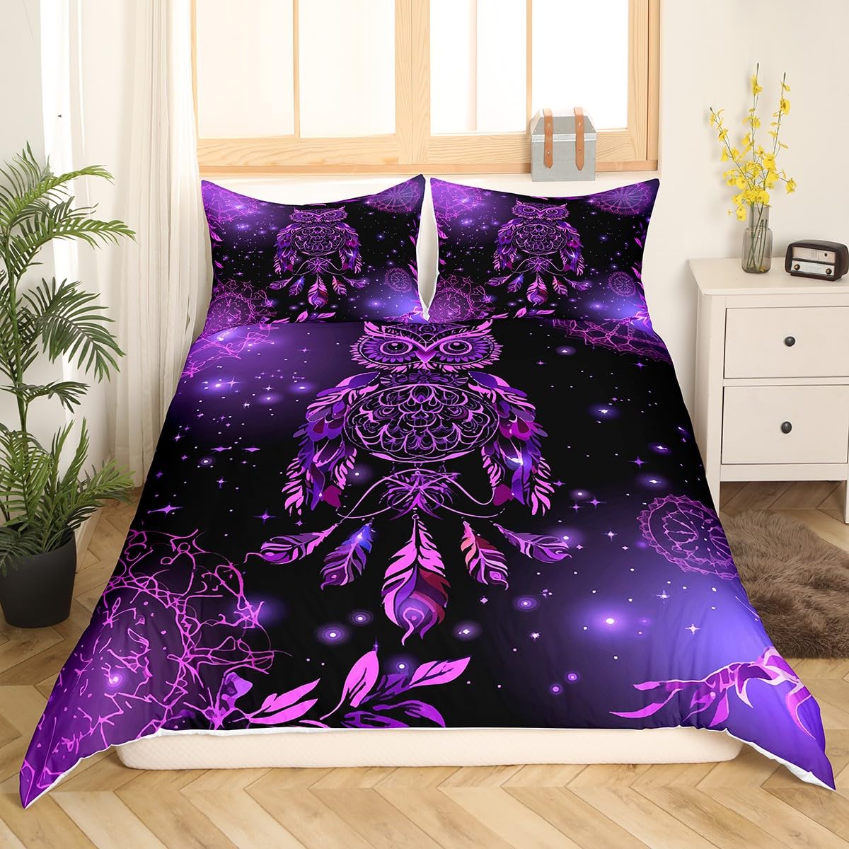 Dreamcatcher Duvet Cover Girls Boho Dream Catcher Owl Bedding Set Bohemian Exotic Mandala Comforter Cover for Kids Women Room Decor Chic Purple Galaxy Bedspread Cover Queen Size With 2 Pillow Case