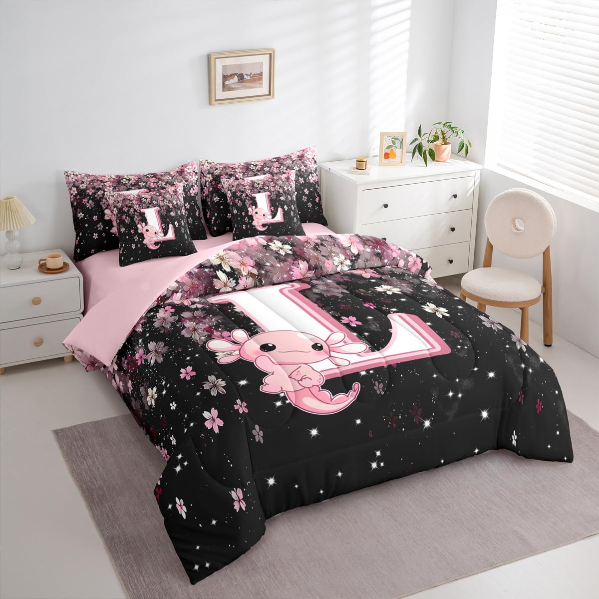 Erosebridal 7 Pieces Cute Letter Initial L Bedding Set Twin Size | Cute Axolotl Comforter Set with Sheets for Kids Girls Teens Pink and White Cherry Blossom Quilt Sets Kawaii Axolotl Bed in A Bag