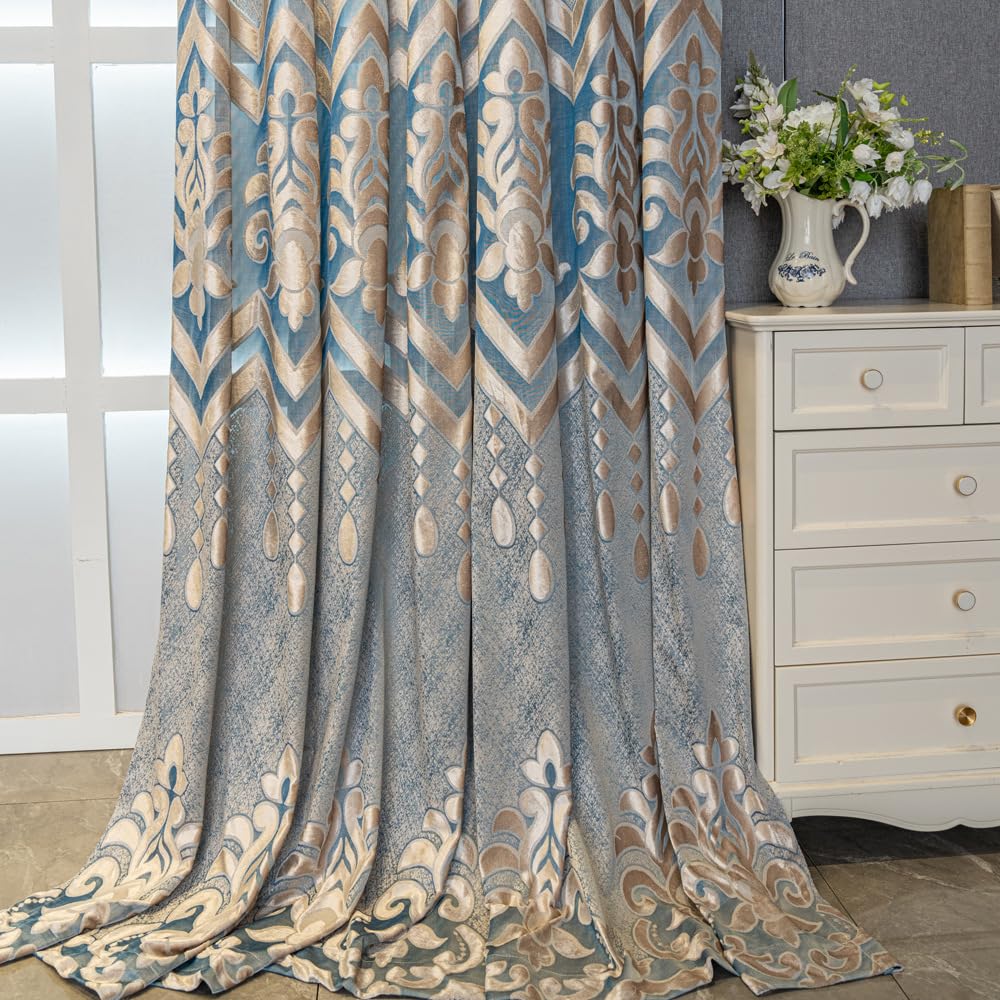 Amidoudou 1 Pair European Semi-Sheer Curtains for Living Room Bedroom Embroidered Hollow Luxury Curtains (Blue,52x90 Inch)