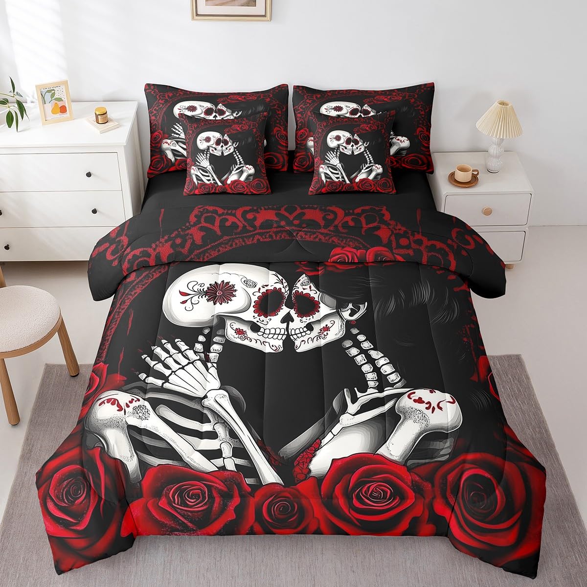 Erosebridal Sugar Skull Bed in A Bag Romantic Roses Bedding Set Valentine's Day Queen Comforter Set 7 Piece for Adults Men Women,Skeleton Lovers Red Black Bed Set Room Decor