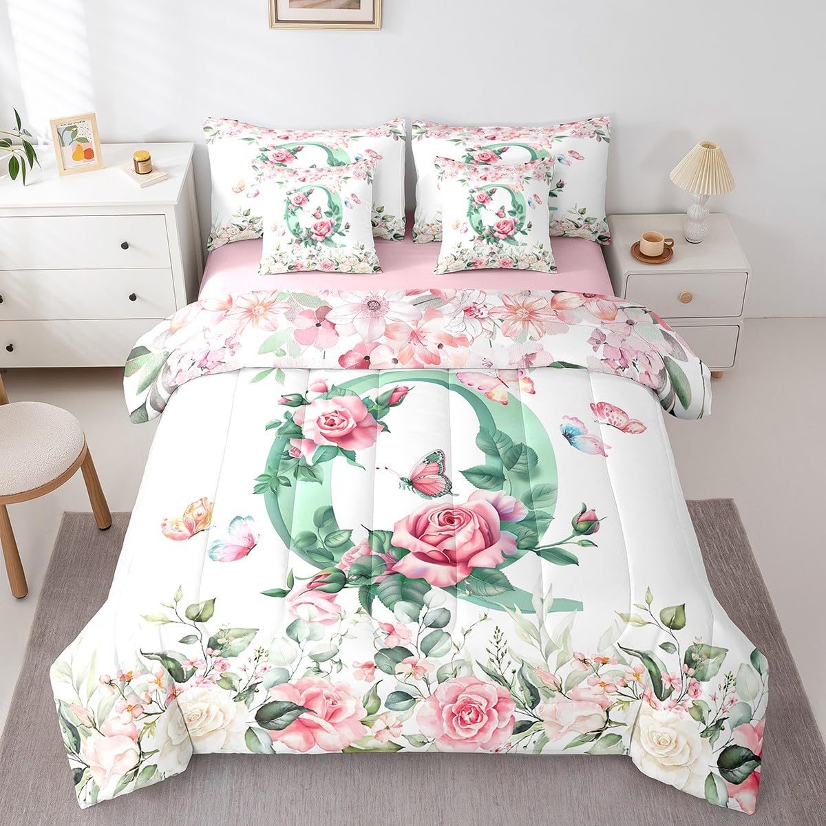 Erosebridal Initial Alphabet Bed in A Bag for Kids Boys Girls,Green Watercolor Letter Bedding Set Personalized Letter Twin Comforter Set 7 Piece Pink Flowers Garden Plants Sheet Set with Comforter