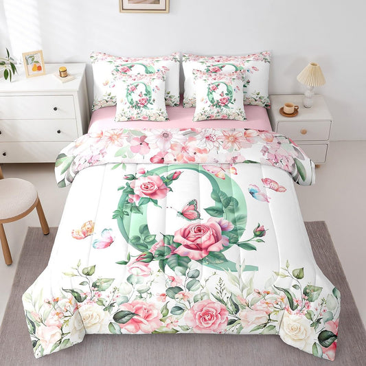Erosebridal Initial Alphabet Bed in A Bag for Kids Boys Girls,Green Watercolor Letter Bedding Set Personalized Letter Twin Comforter Set 7 Piece Pink Flowers Garden Plants Sheet Set with Comforter