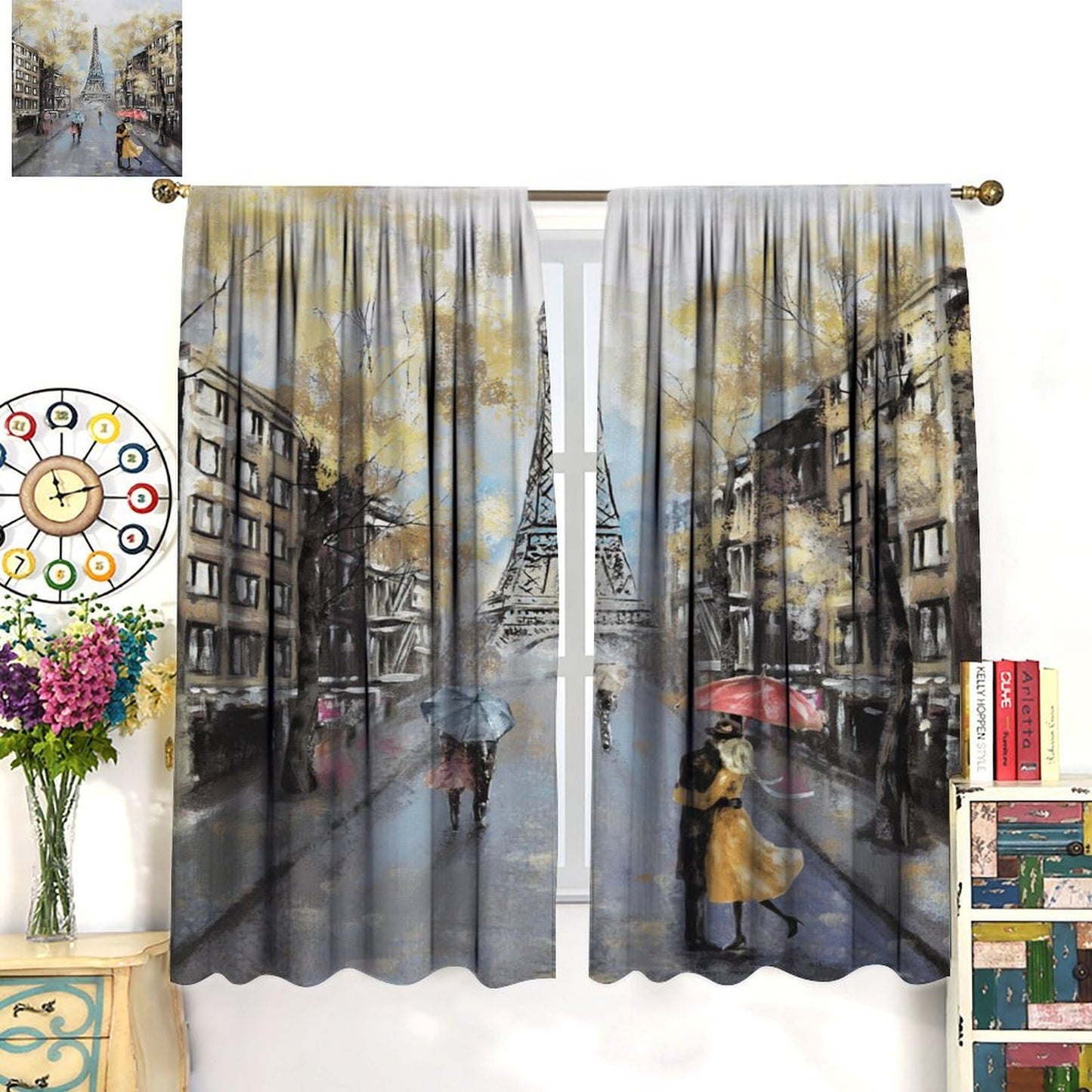 LOMADIA Eiffel Tower Curtain, Oil Painting Style, Yellow Paris Tower Couple Pattern Window Treatments 2 Panels Drapes for Bedroom Living Room Kitchen Decor 42x45in