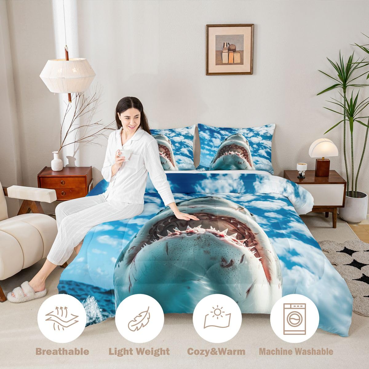 Feelyou Shark Bedding Set Soft for Boys Girls, Ocean Sea Animal Comforter Set Queen Size Sea Underwater World Duvet Quilt Microfiber Marine Theme Bedroom Decor 3 Pcs with 2 Pillow Cases