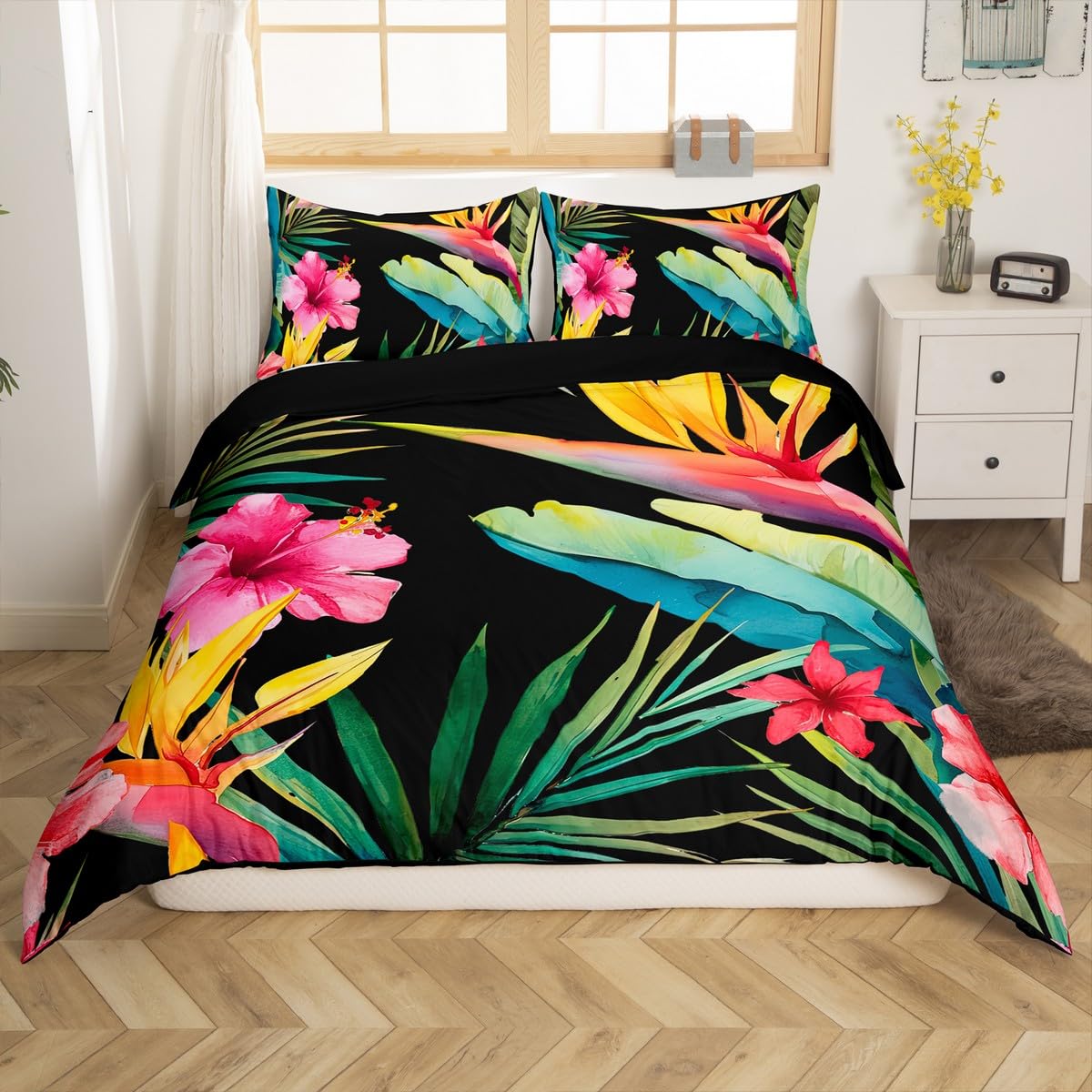 Erosebridal Tropical Duvet Cover Set Tree Bedding Sets for Kids Teens Green Plant Palm Leaves Duvet Cover Set Jungle Botanical Leaf Quilt Bed Cover with 2 Pillow Cases for Bedroom Decor,King
