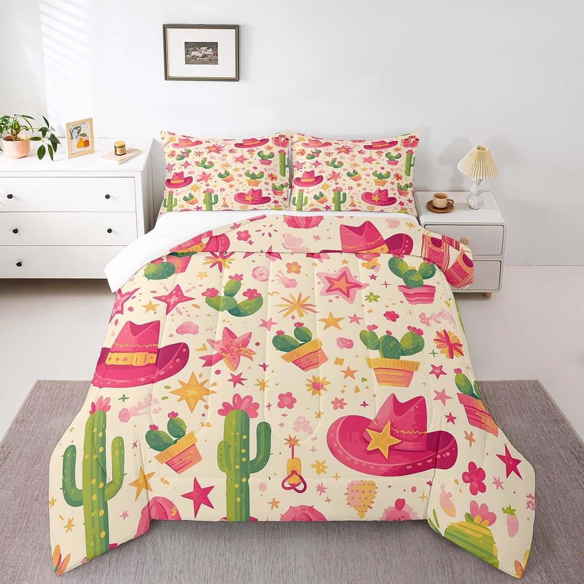 jejeloiu Girls Pink Western Decor Comforter Set Wild West Cowgirl Hat Boots Bedding Set Full Size for Kids Boys Teens Rodeo Cowgirl Style Comforter Grunge Design Duvet Set with 2 Pillow Case