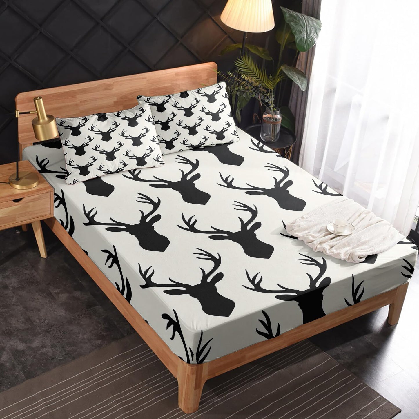 zcsm Deer Head Sheets Queen Sheet Set - Black and White Cabin Bed Sheets, Soft Microfiber & Deep Pocket & Wrinkle Free Bedding Sheets & Pillowcases, 1 Fitted Sheet, 1 Flat Sheet, 2 Pillow Cases