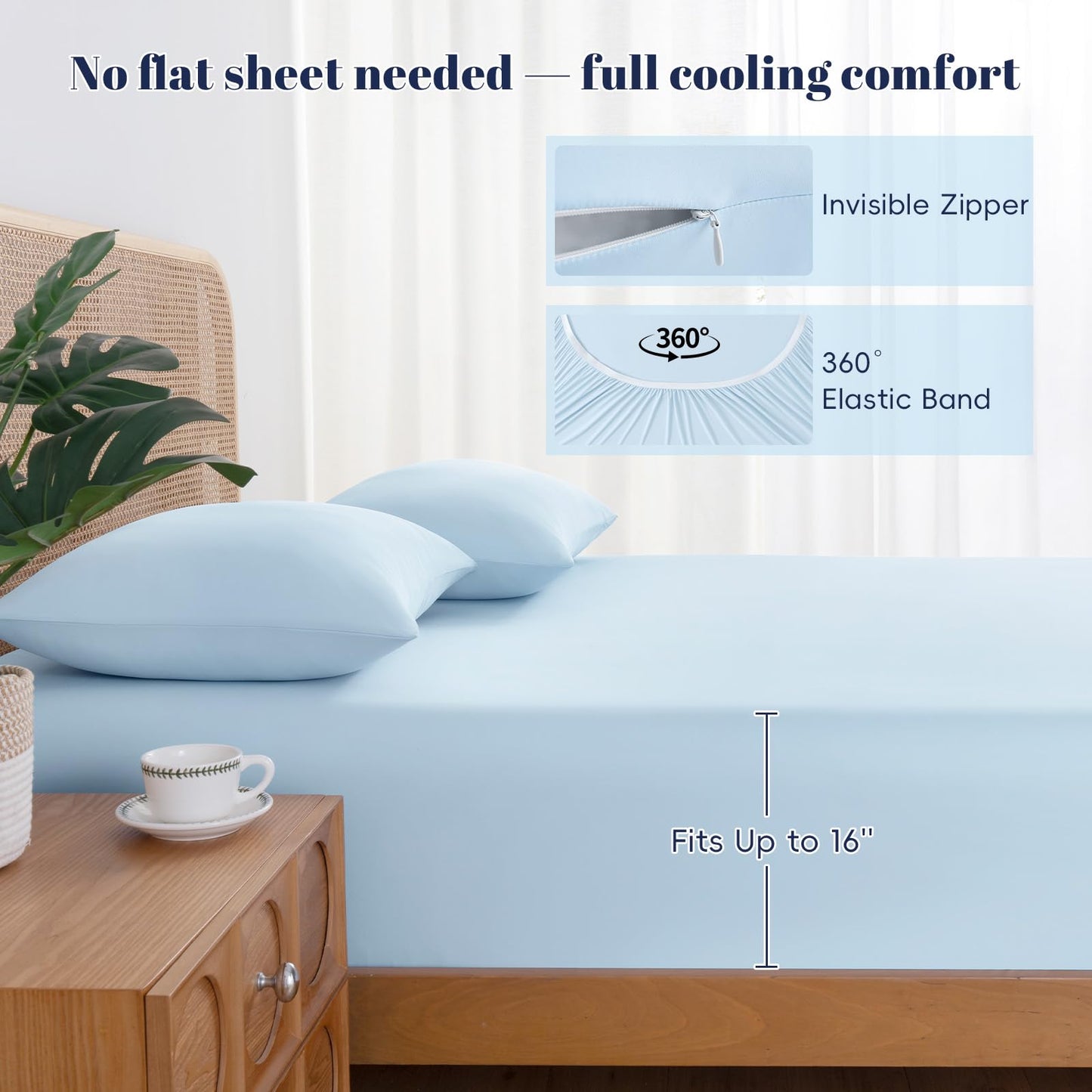 PHF Cooling Fitted Sheet Set Queen Size for Hot Sleepers, Q-Max > 0.4, Silky Soft & Breathable, Ideal for Night Sweats & Summer, 1 Fitted Sheet & 2 Pillowcases, Fits Up to 16", Ice Blue