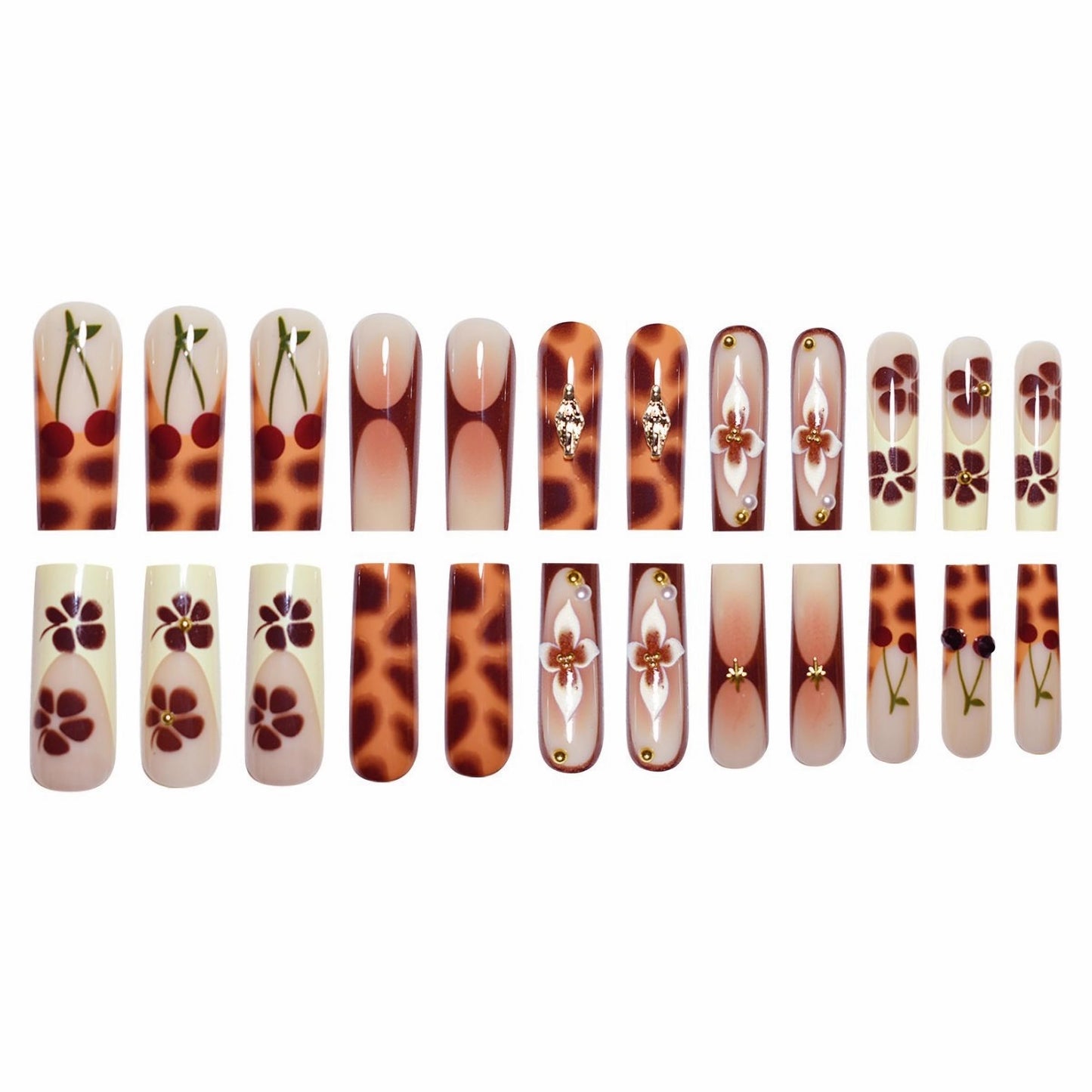 MERVF Fall Press on Nails Long Square, Leopard Brown French Tip Fake Nails Flower Cherry Glue ons Pearls Acrylic Nail Gradient Design Glossy 24pcs