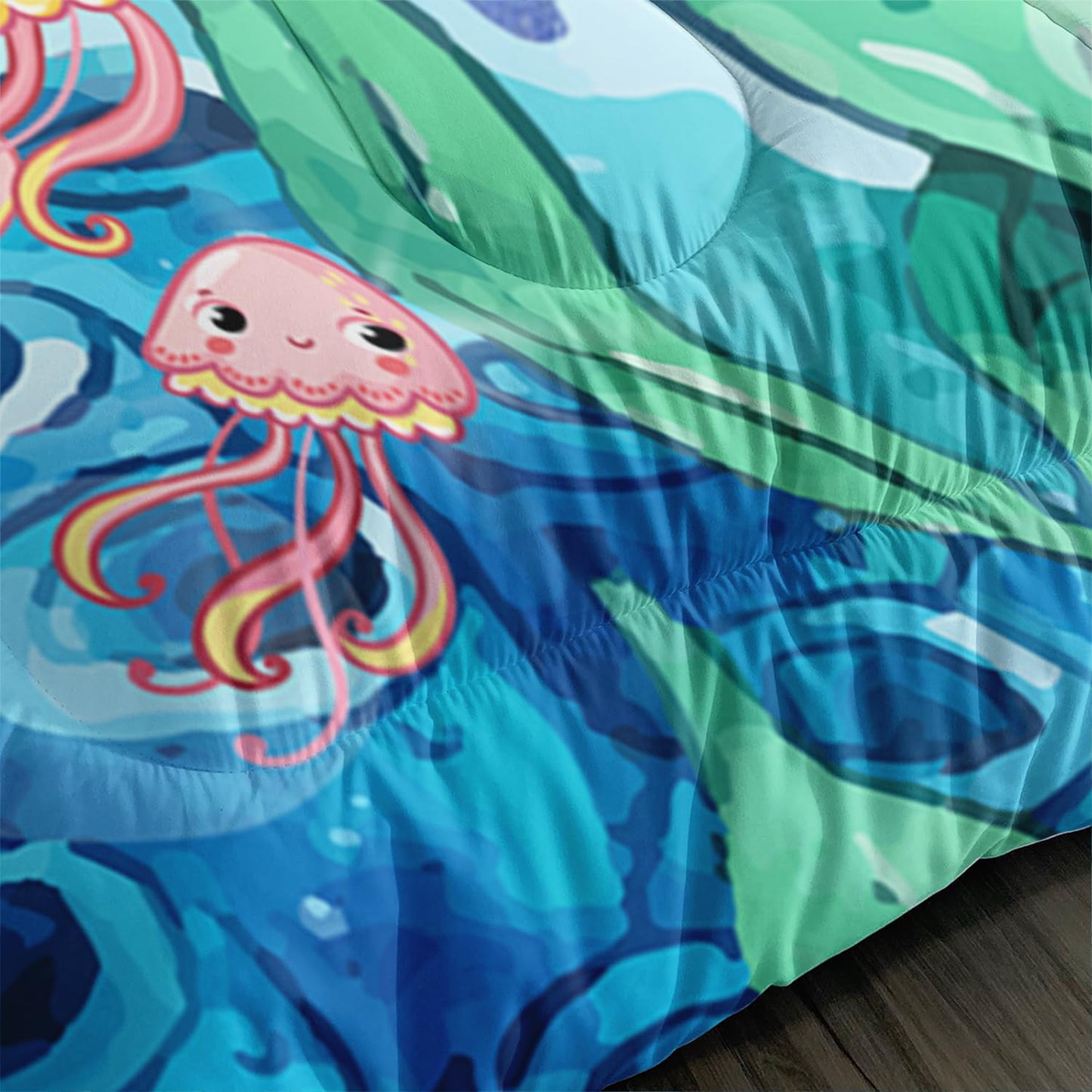 XYNHML Dolphins Animal Aqua Blue Green Sea Comforter 3pcs Full Kids Coral Jellyfish Comforter Set for Boys Girls Ocean Waves Bedding Fish Quilt Bed Set with 1 Comforter and 2 Pillowcases