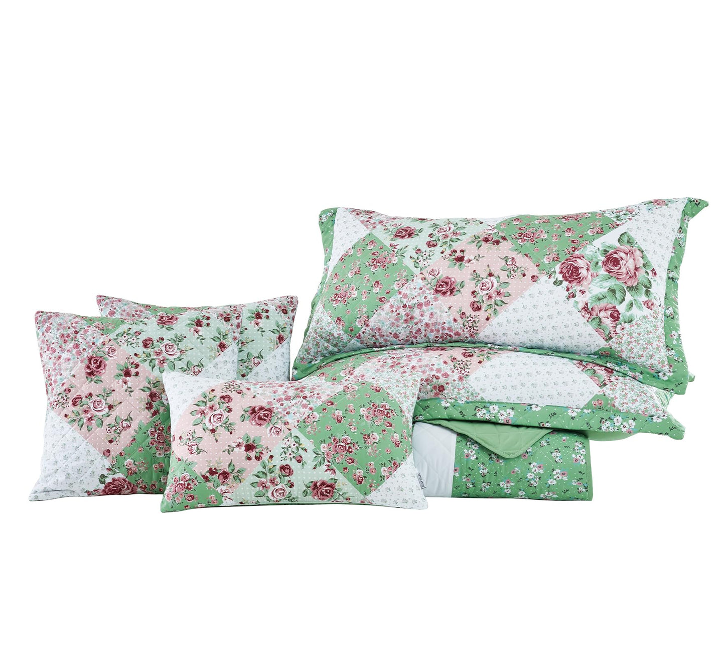 DaisyHuang Oversized King Bedspread 128x120 Extra Wide, Farmhouse Patchwork Floral Quilt Bedding Cover, Reversible, 6 Piece, 100% Microfiber, King/California King, Rose