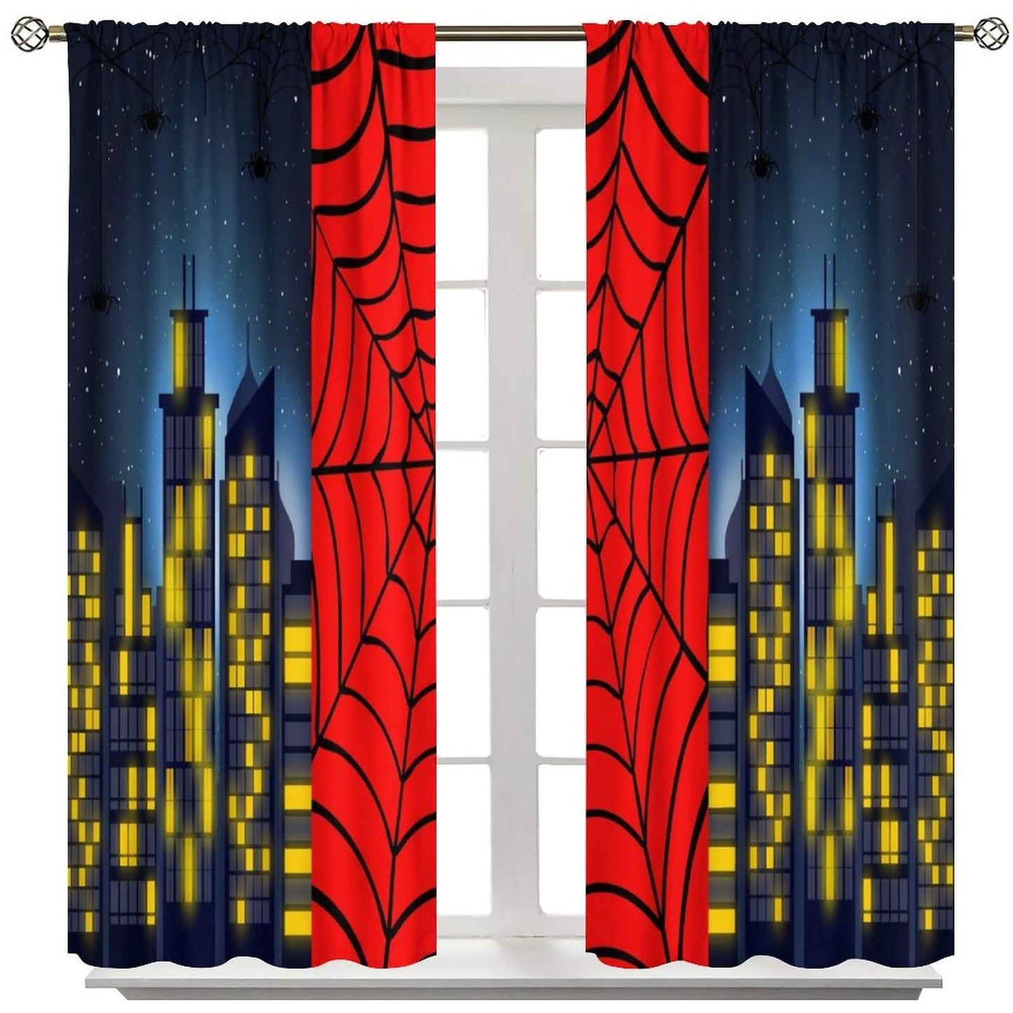 Djaby Spider Web Curtains, Red Scary Spider Web Super Hero Window Treatments Drapes for Kids Baby Nursery Room Bedroom Living Room 42" W X 45" L(No Blackout)