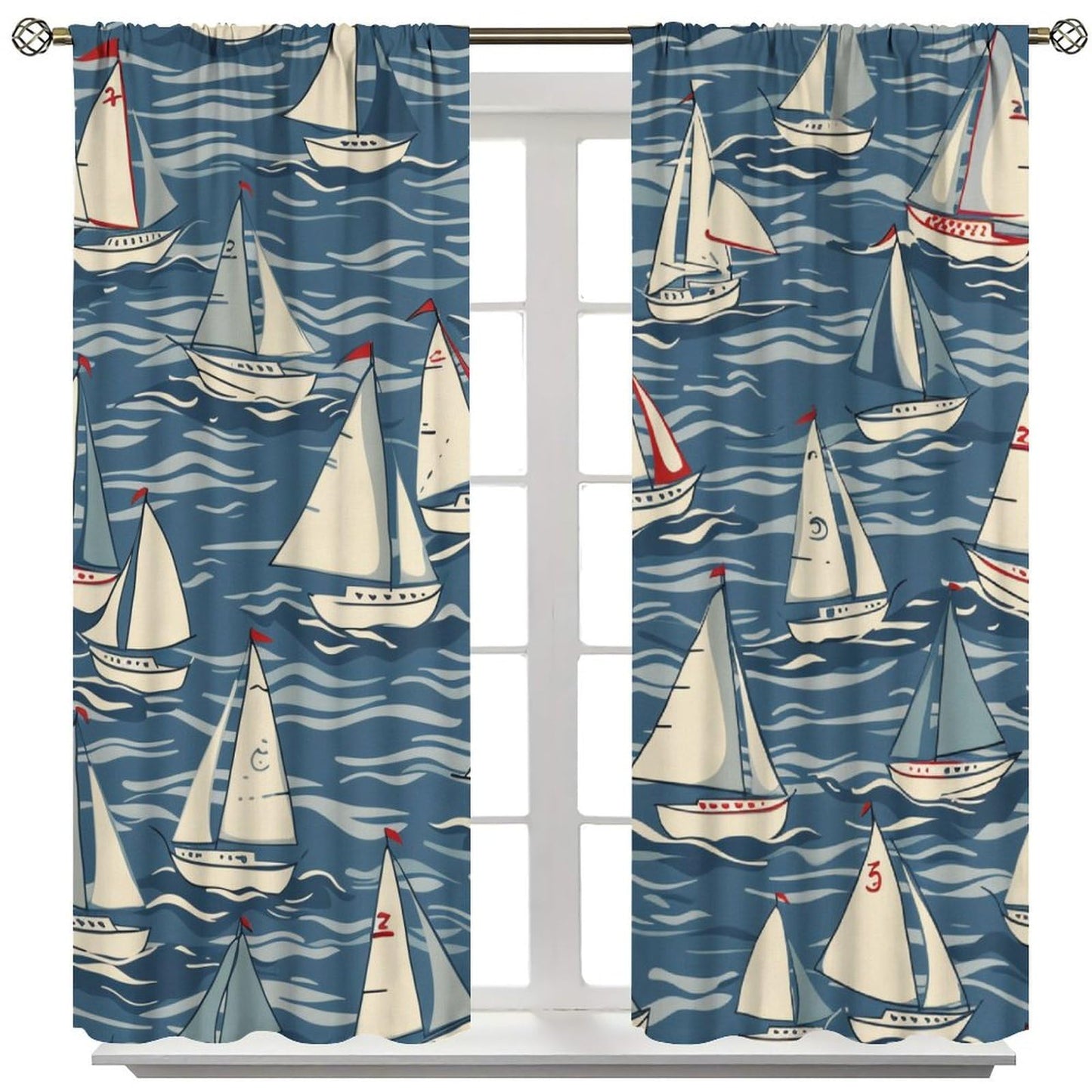 TOWINSFB Cartoon Sailboat Blackout Curtains for Living Room Bedroom, Ocean Wave Ship Nautical Illustration Window Curtains Rod Pocket Thermal Insulated Window Drapes, 2 Panels, Each 21" W x 45" L