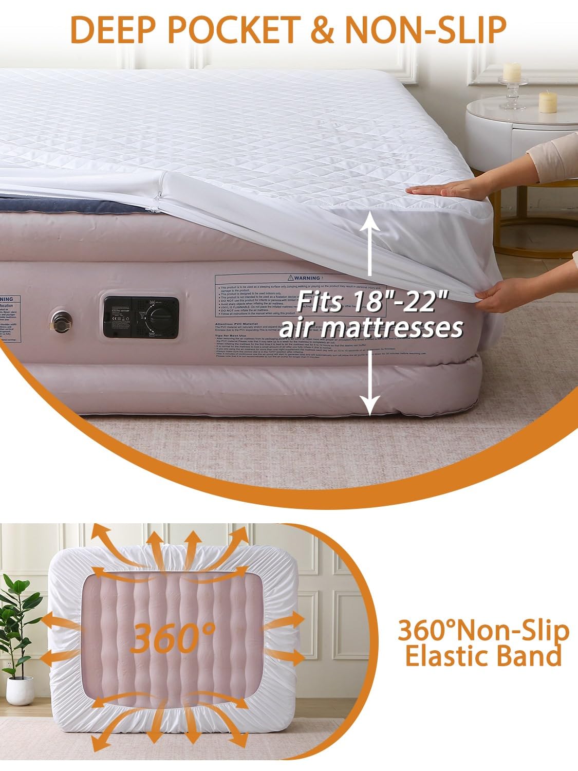 Bedecor Twin Quilted Air Mattress Pad with Pump Access Zipper,Air Bed Protector Cover, Deep Pocket Fits 18-24 Inch Blow Up Beds, Quiet & Breathable,White Diamond