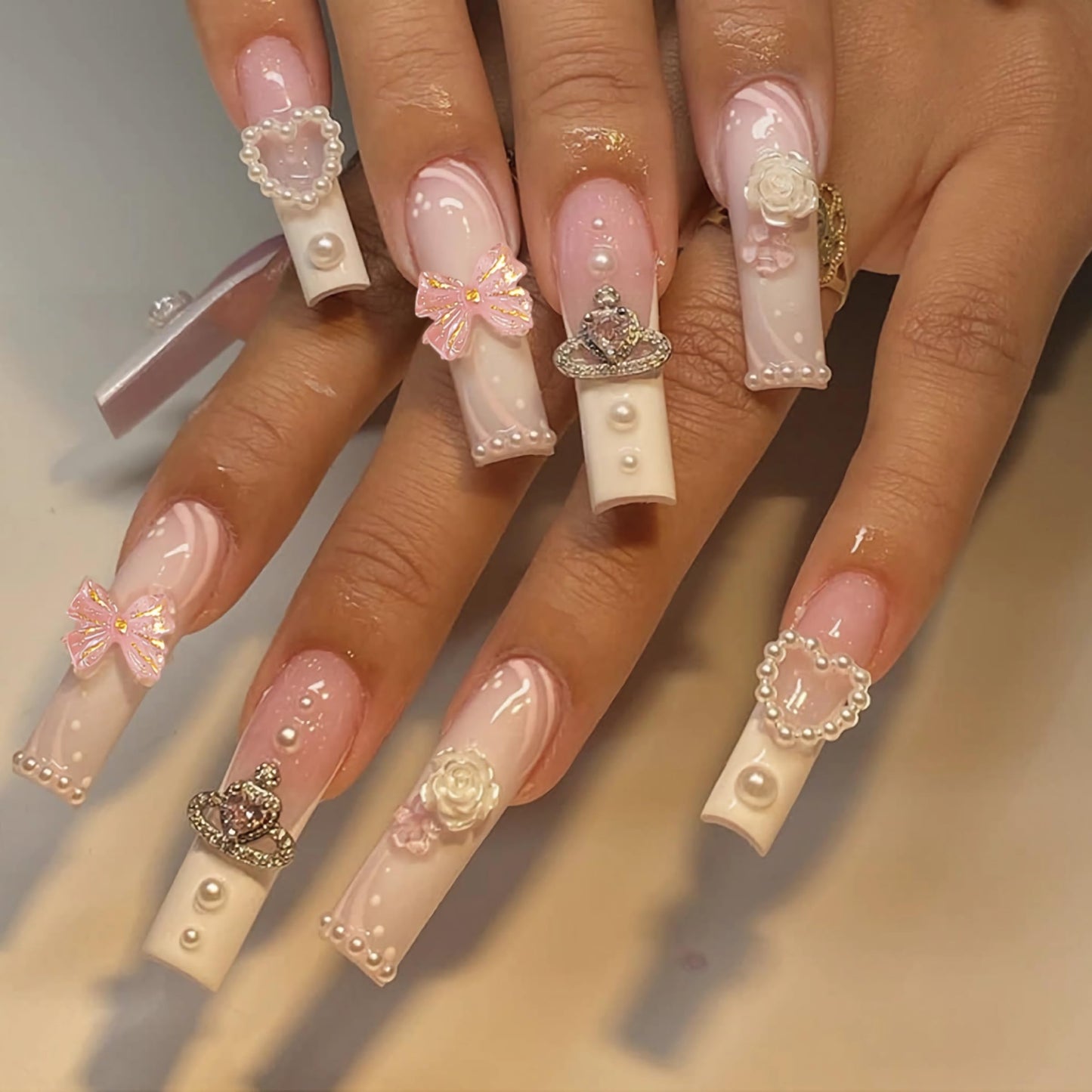 BABALAL Long Square Press on Nails, Pink White French Tip 3D Flower Bow Rhinestone Glitter Design Acrylic Nails Squoval for Women and Girls 24 Pieces