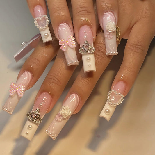 BABALAL Long Square Press on Nails, Pink White French Tip 3D Flower Bow Rhinestone Glitter Design Acrylic Nails Squoval for Women and Girls 24 Pieces