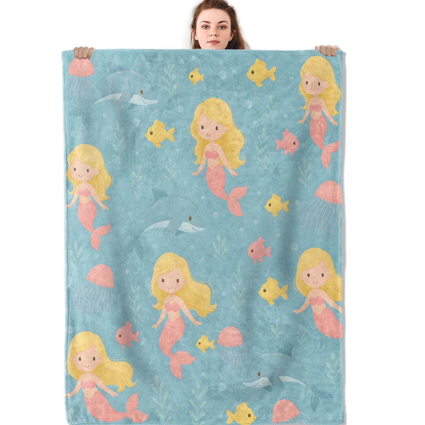 Mniedc Mermaid Ocean Blanket, Cute Sea Dolphin Fish Flannel Throw Blankets, 50"x60", Soft Warm Lightweight Fuzzy Cozy Throws for Couch Bed Sofa Living Room Decorative Gifts for Kids Teen Girls, Blue