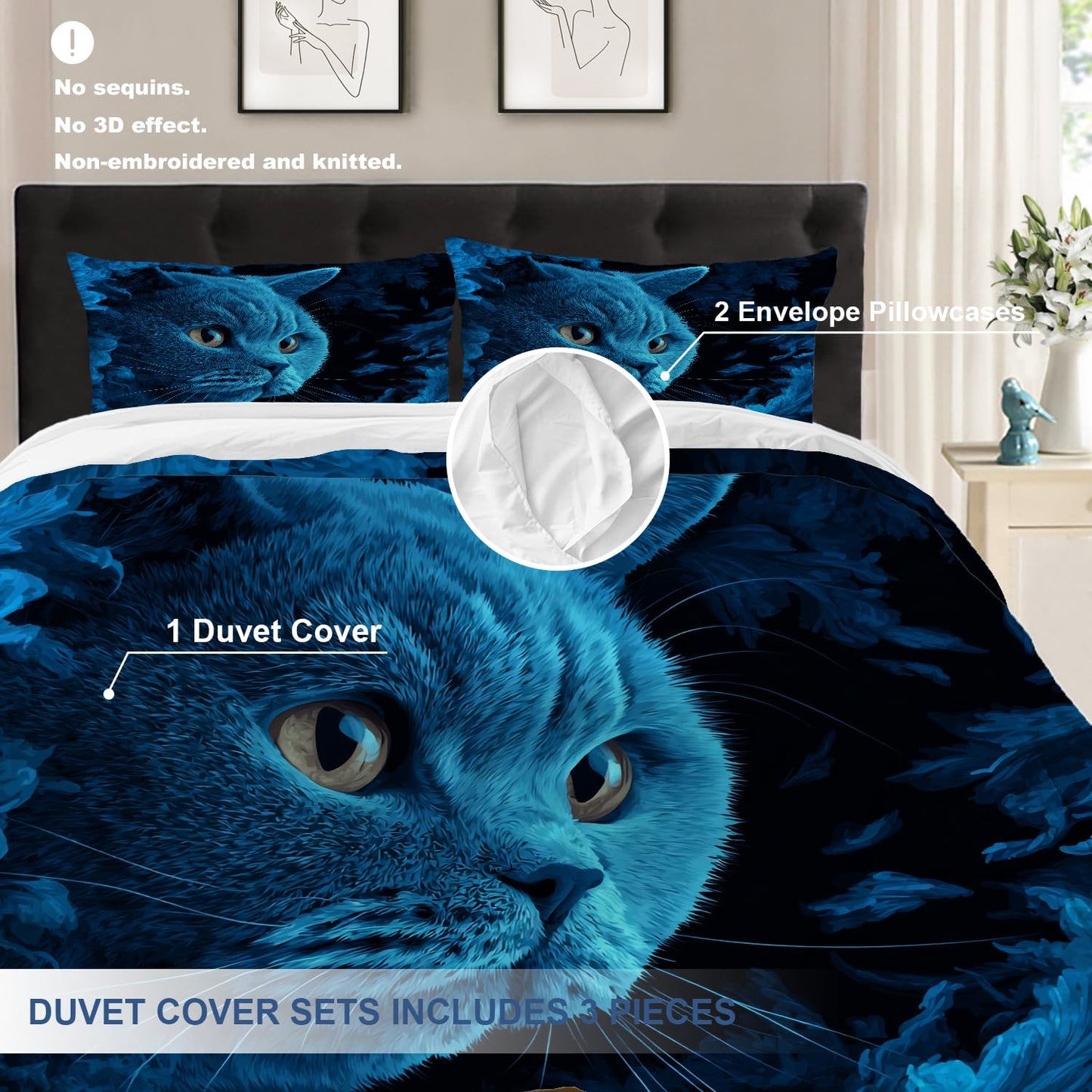 Batmerry Cute Cat King Size 100% Cotton Duvet Cover Sets, Blue in Feathers Bedding Set with Zipper Closure Corner Ties, 3 Pieces (1 Cover + 2 Pillowcases No Comforter)