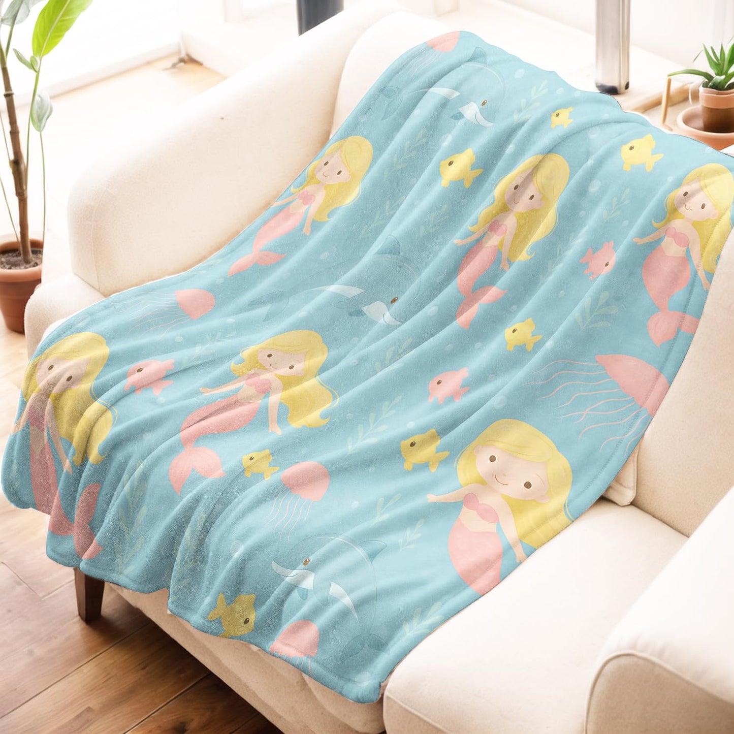 Mniedc Mermaid Ocean Blanket, Cute Sea Dolphin Fish Flannel Throw Blankets, 50"x60", Soft Warm Lightweight Fuzzy Cozy Throws for Couch Bed Sofa Living Room Decorative Gifts for Kids Teen Girls, Blue