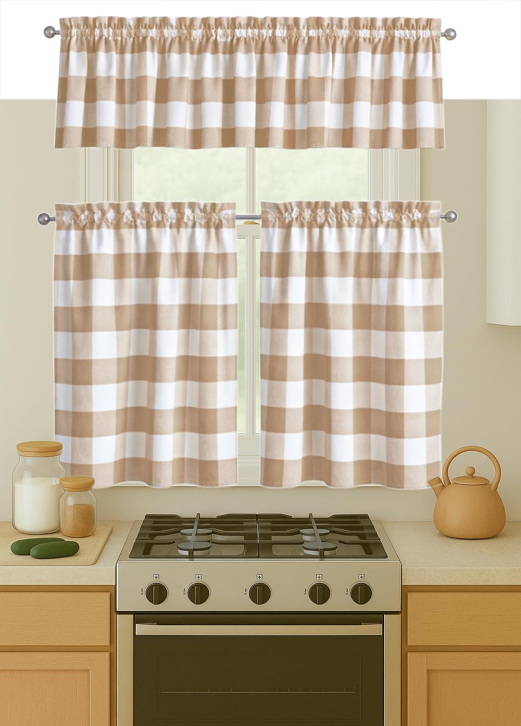Native Fab Beige Buffalo Check Window Curtains, 3 Piece Cotton Tier and Valance Set, 2 Tiers 26x36 Inch and Valance 54x18 Inch, Rod Pocket Curtains for Living Room, Bedroom, Kitchen, Beige White