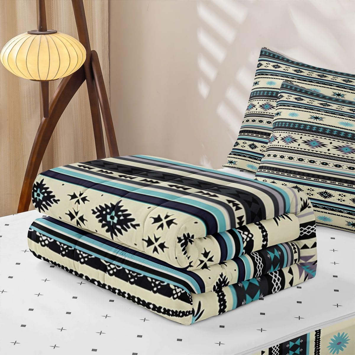 Western Zipper Bedding Queen Vintage Exotic Geometric Triangle Zip Up Bedding Set for Boys and Kids, Ethnic Tribal Arrow Bed in a Bag African Indian Tribal Sriped Boho Comforter Set with Sheets Brown