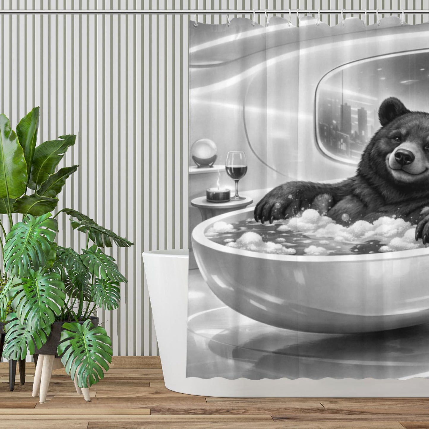 REZHOCH Black and White Fun Black Bear Shower Curtain 72x72Inch,Futuristic Design Modern Minimalist Home Bathroom Decor,Cute Animal Bathtub Bubble Waterproof Bath Set with Hooks