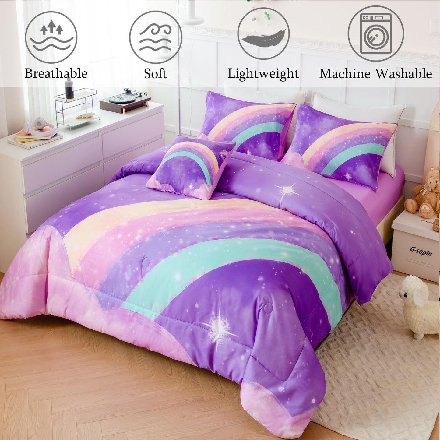 ANGIYUIN Deep Purple Rainbow Kids Comforter Set Twin 6 Pieces Gradient Glitter Bedding for Girls 3D Galaxy Nebula Bed Set with Sheets for All Season