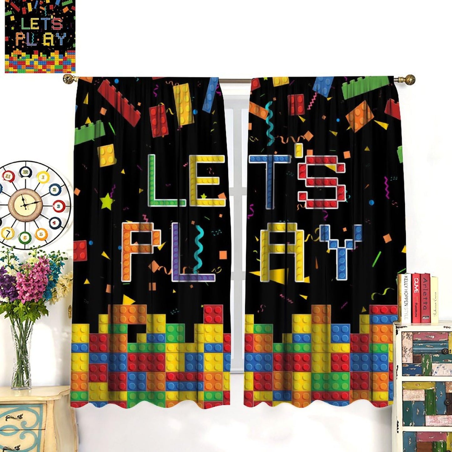 AAVEUP Kids Boys Curtains,Colorful Building Blocks Toys Plastic Brick Toy Pattern Abstract Contour Printed Window Drapes for Boys Room Living Room Nursery Party 42x44.5in（No Blackout）
