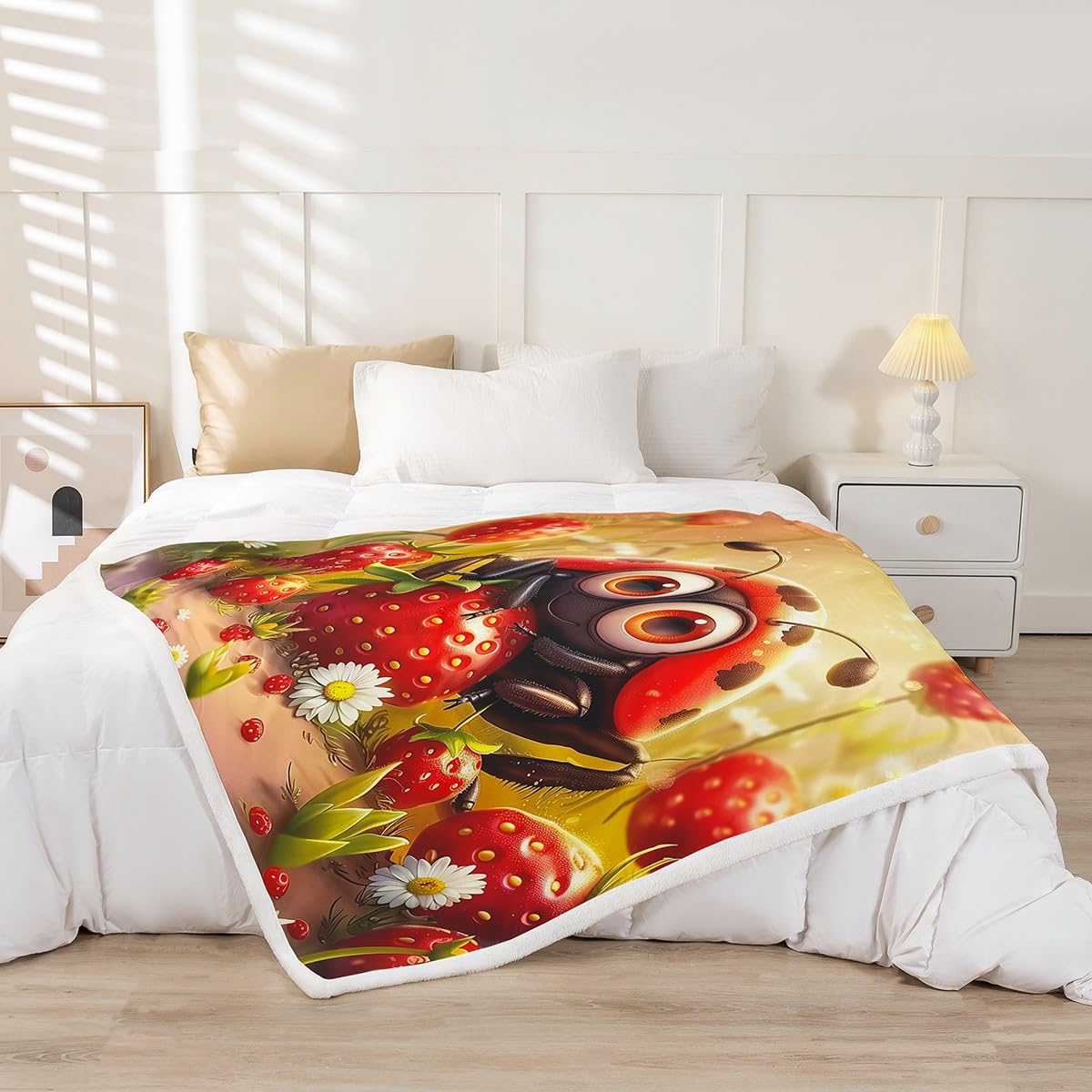 Erosebridal Cute Ladybug Fleece Blankets Throw 50"X60" Cartoon Animal Throw Bed Blanket Fruit Strawberry Kawaii Ladybird Sherpa Blankets Spring Garden Lovely Reptile Fuzzy Blanket for Kids Boys Girls
