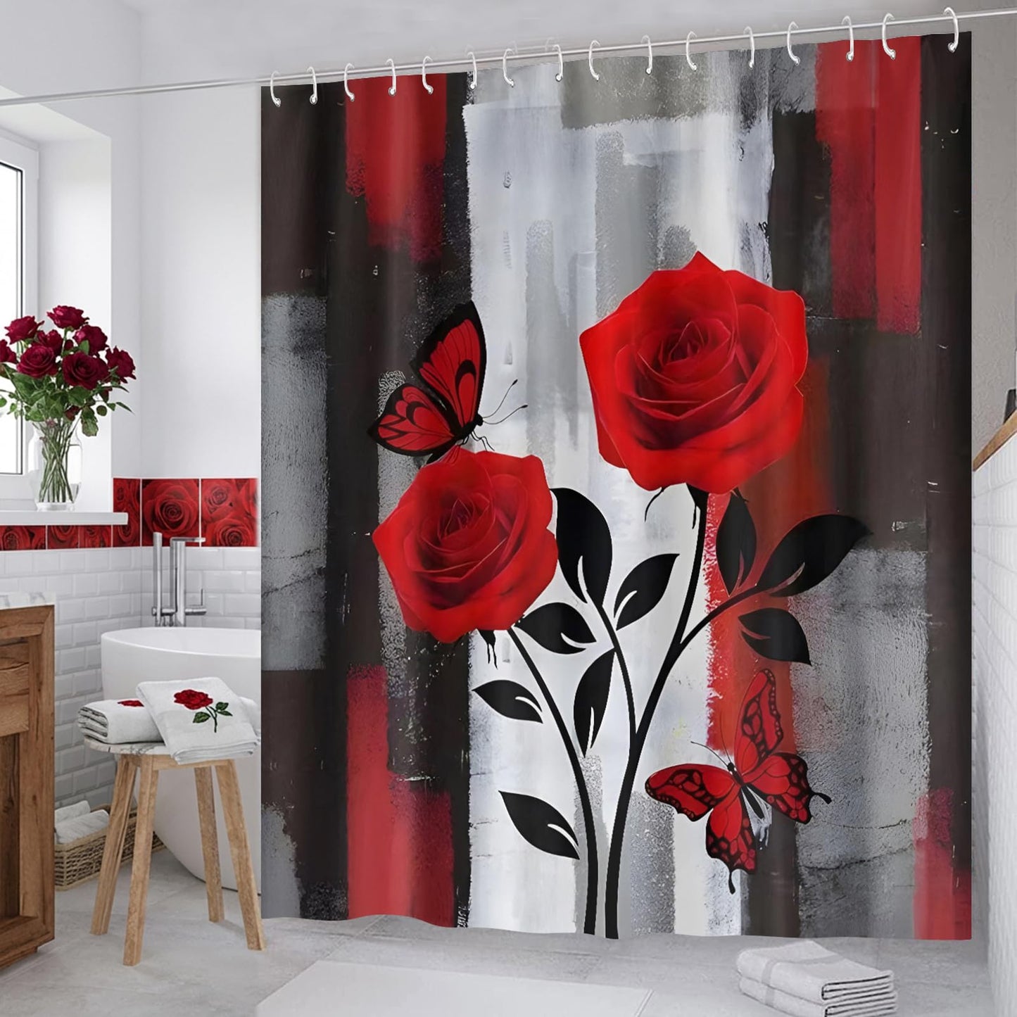 ZCHOMI Red Rose Shower Curtain Black and Red Rose Floral Shower Curtains for Bathroom Waterproof Polyester Fabric Bathroom Curtain 72 x 72 Inch with 12 Plastic Hooks