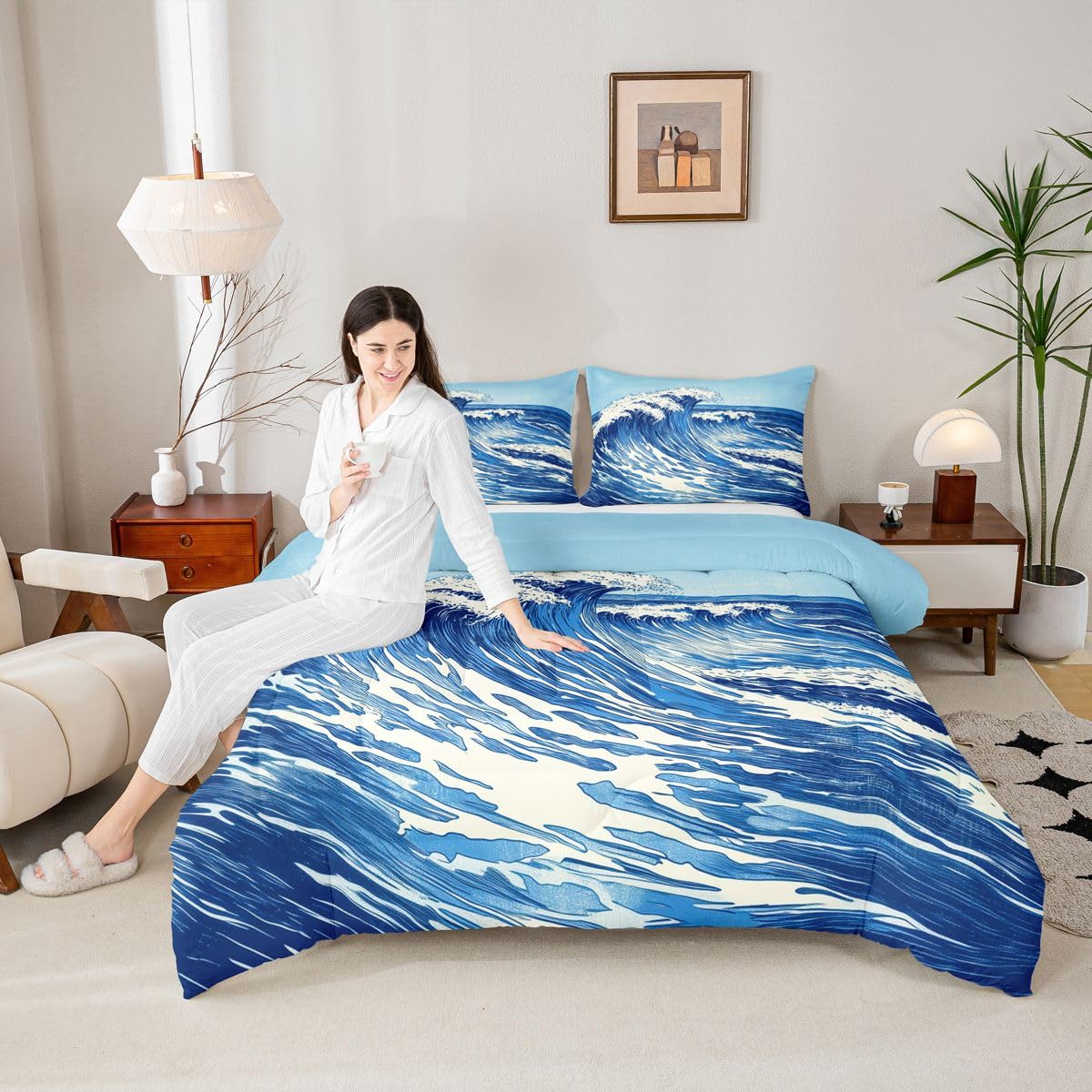 jejeloiu Wave Bedding Set Soft for Boys Girls, Ocean Wave Comforter Set Queen Size Japanese Style Duvet Quilt Microfiber Abstract Bedroom Decor 3 Pcs with 2 Pillow Cases