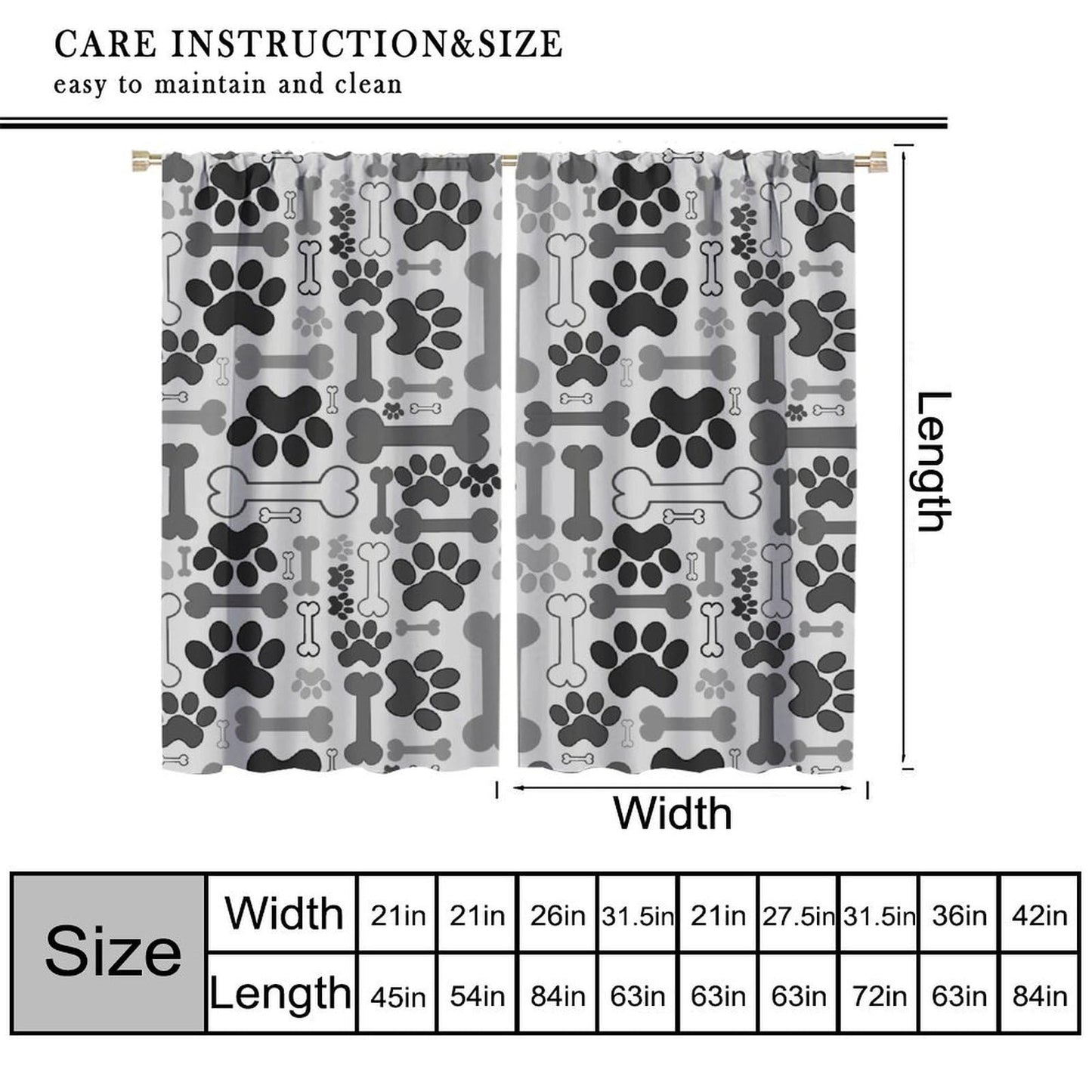 Yearn Jear Dog Paw Print Curtains, Grey Cartoon Dog Paw and Bones Window Treatment Thermal Insulated Curtain for Kids Living Room Bedroom 2 Panels Set, 42x45 inch Decor
