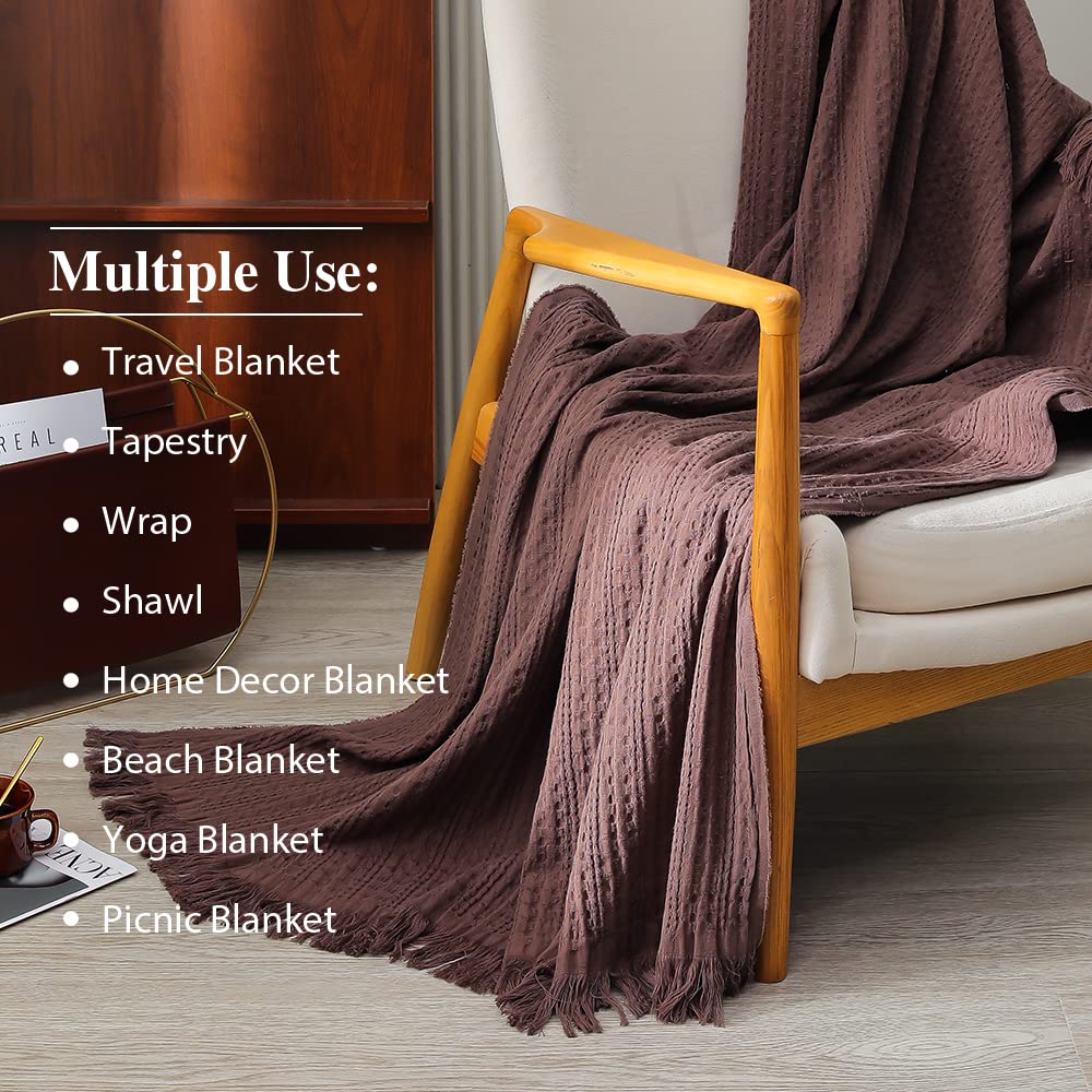 Simple&Opulence 100% Cotton Throw Blanket for Couch, Bed, Waffle Weave Cable Knit Blanket with Tassels, Soft Lightweight Pre-Washed Breathable Cozy Blanket Farmhouse Decoration for All-Season (Brown)