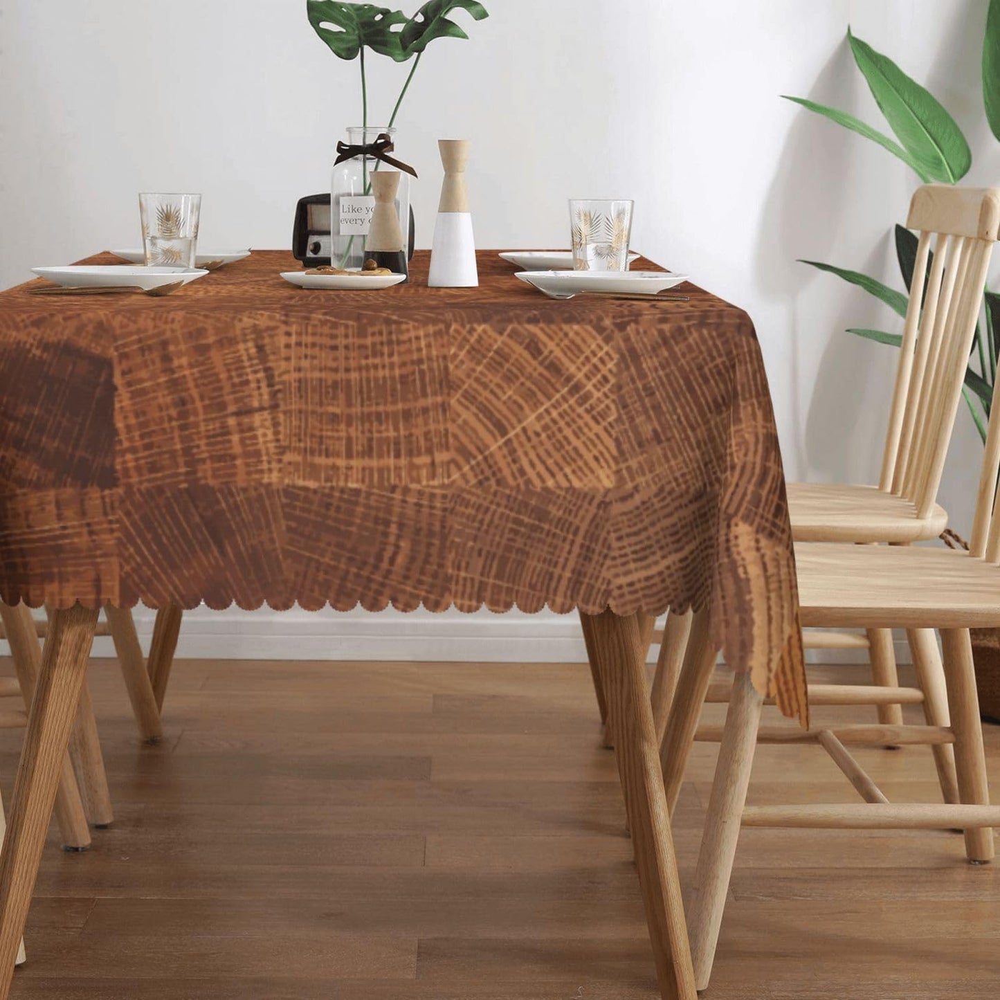 DRAVVIX Wooden Natural Texture Rectangular Tablecloth Brown Wooden Pattern Table Cloth with Wavy Lace Decoration Polyester Table Cover for Dining, Parties 54x72 inch