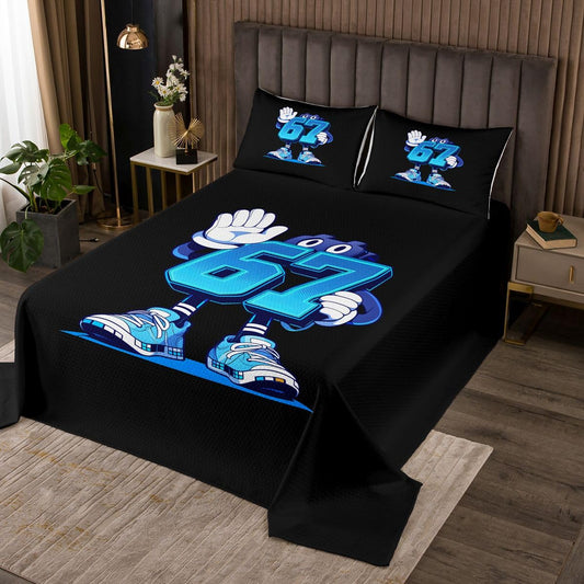 jejeloiu 6 7 Bedspread Quilts Six Seven 6 7 Coverlet Set King Size for Kids Boys Girls Cute Quilted Coverlet for All Season with 2 Pillowcases Six Seven Microfiber Black and Blue